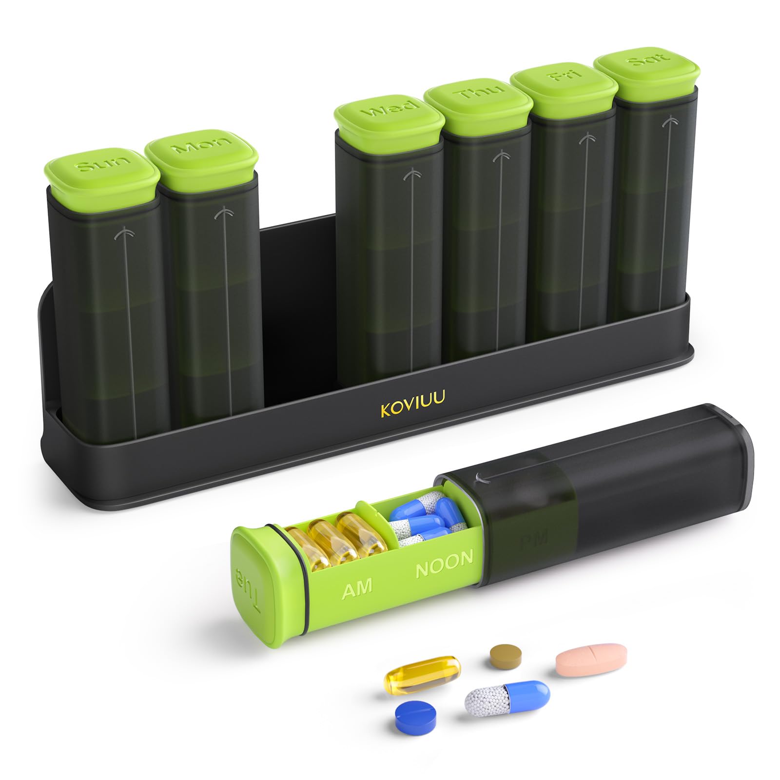 KOVIUU organizador semanal de pastillas 3x día en verde para una semana organizada.