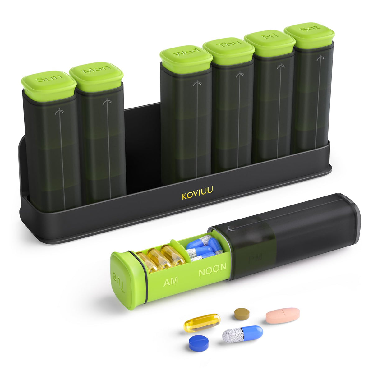 KOVIUU organizador semanal de pastillas 3x día en verde para una semana organizada.