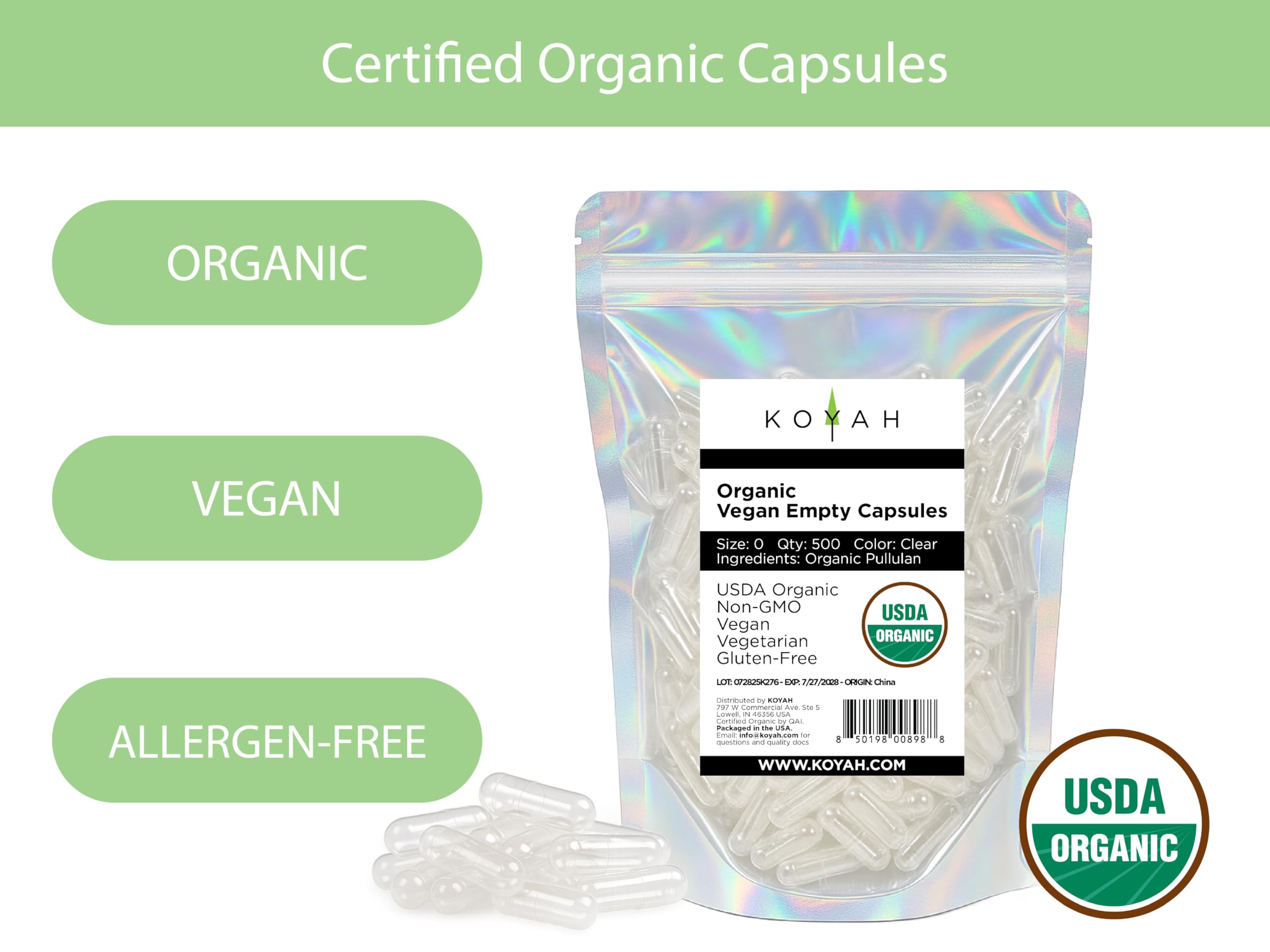 Koyah cápsulas pullulan en envase orgánico certificado, para proyectos de suplementos.