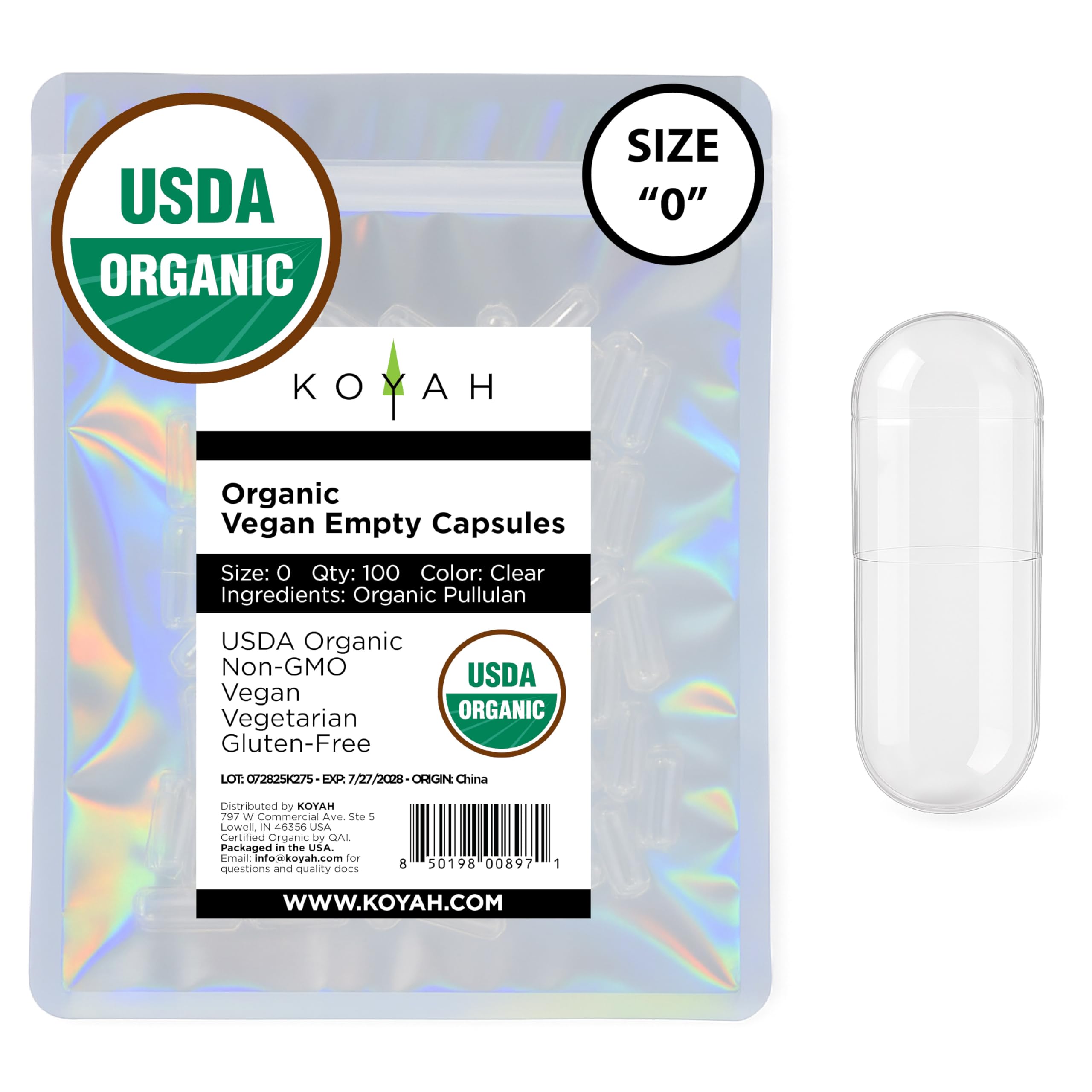 Koyah envase de cápsulas pullulan, embalaje ecológico para almacenamiento seguro.