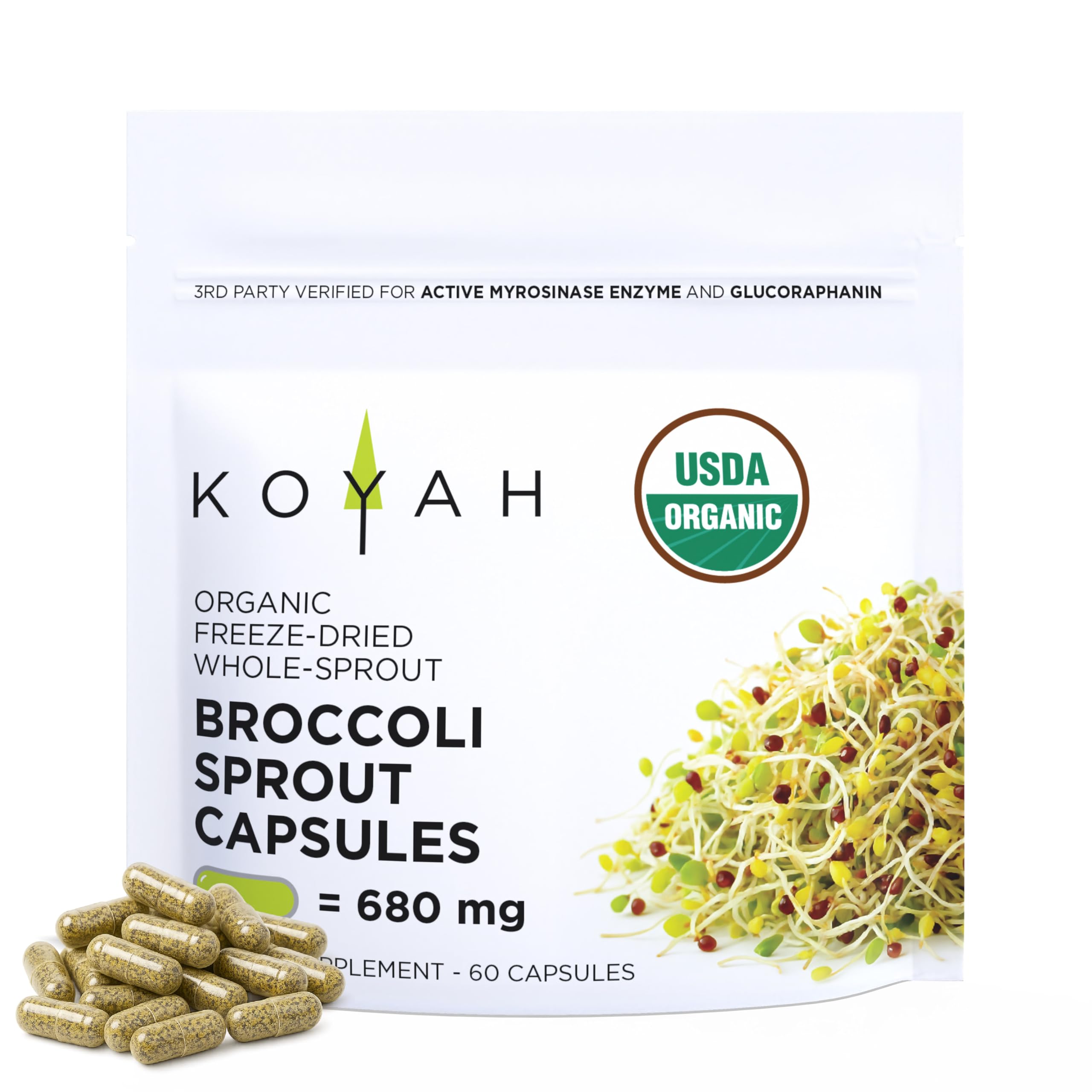 KOYAH frasco de cápsulas de brócoli liofilizado, ideal para incorporar a la rutina diaria.
