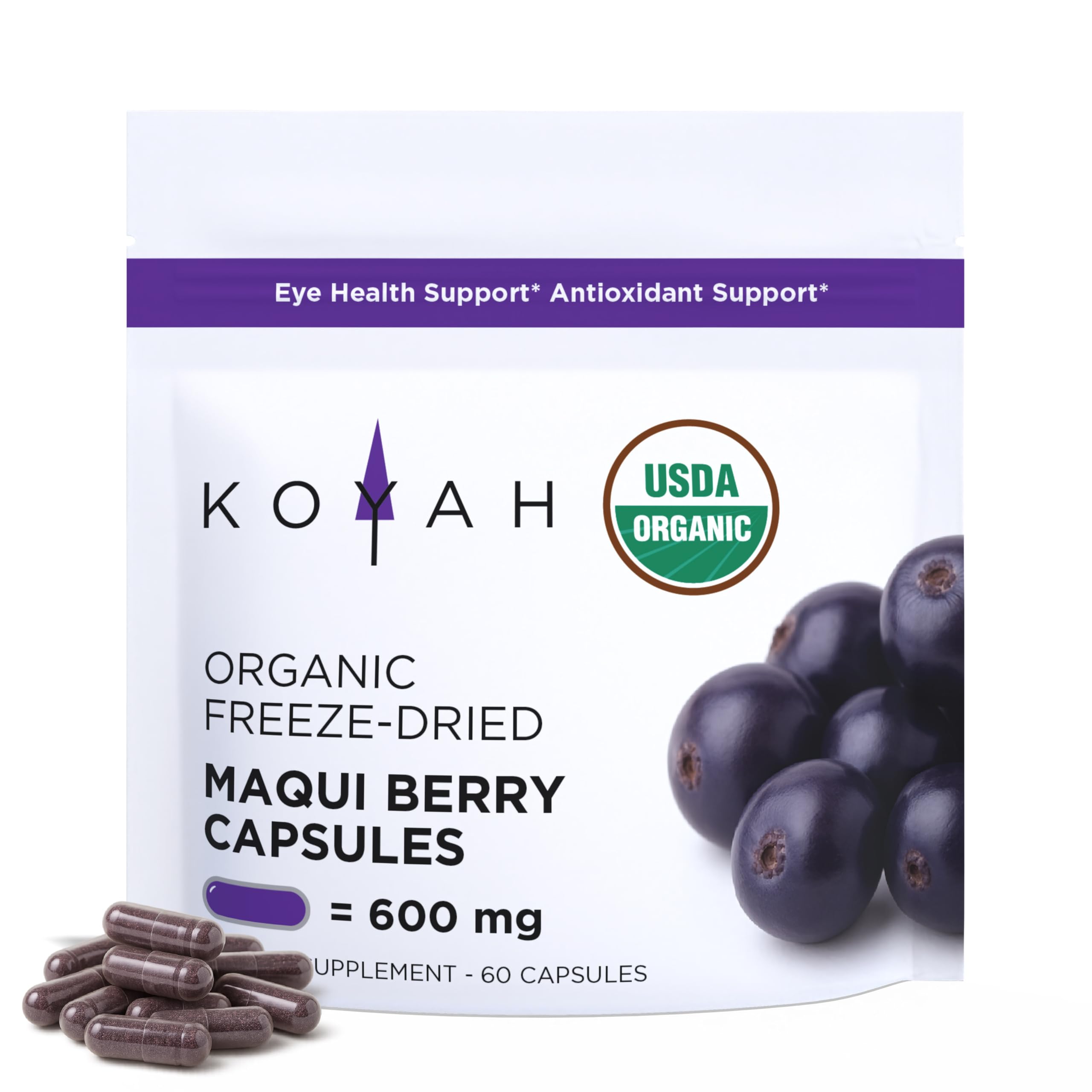 KOYAH Maqui frasco con cápsulas de 600 mg para uso diario.