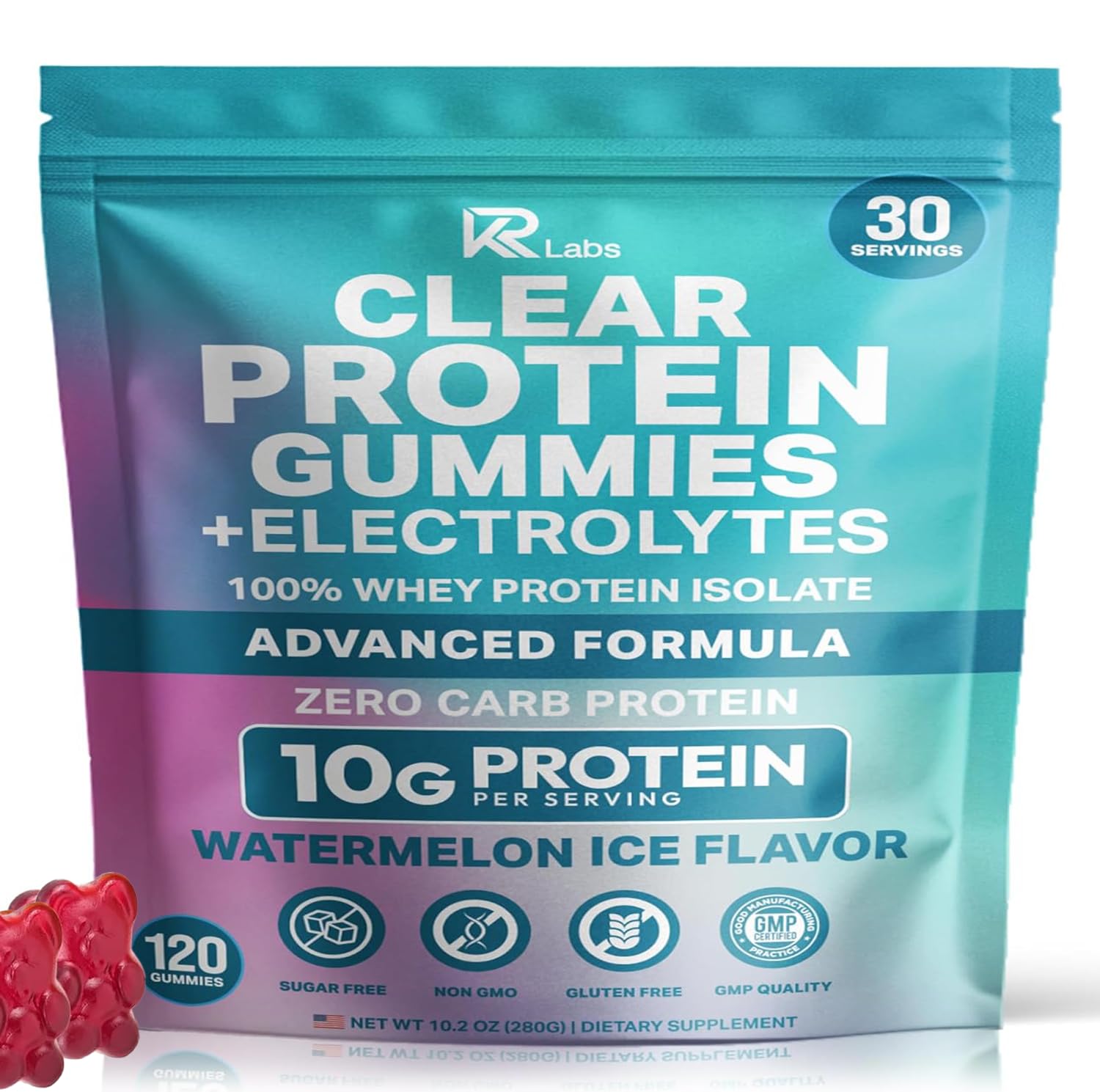 KR Labs Zero Carb Clear Whey Gummies: paquete de 120 gomitas para consumo diario