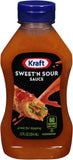 Vertiendo Kraft salsa dulce y agria, para realzar platos al momento.
