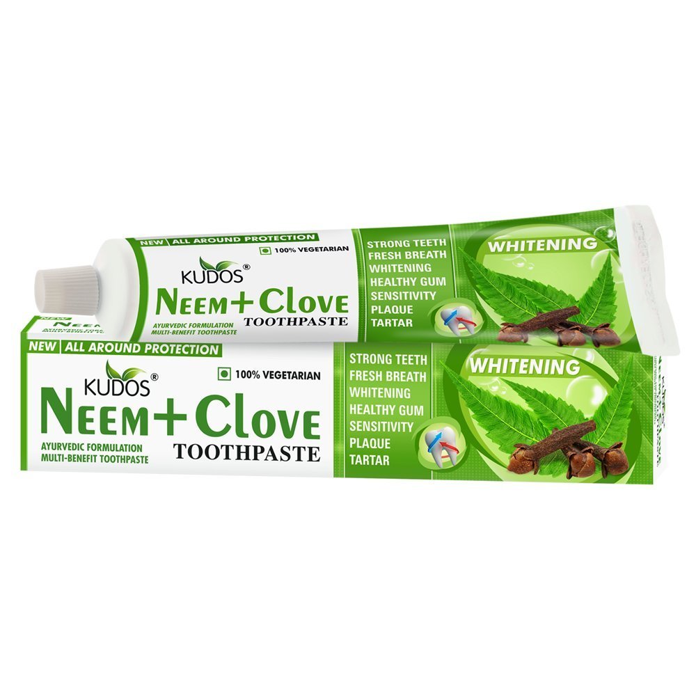 Kudos Neem Clavo pasta dental 100 g, envase frontal, sensación de limpieza duradera.