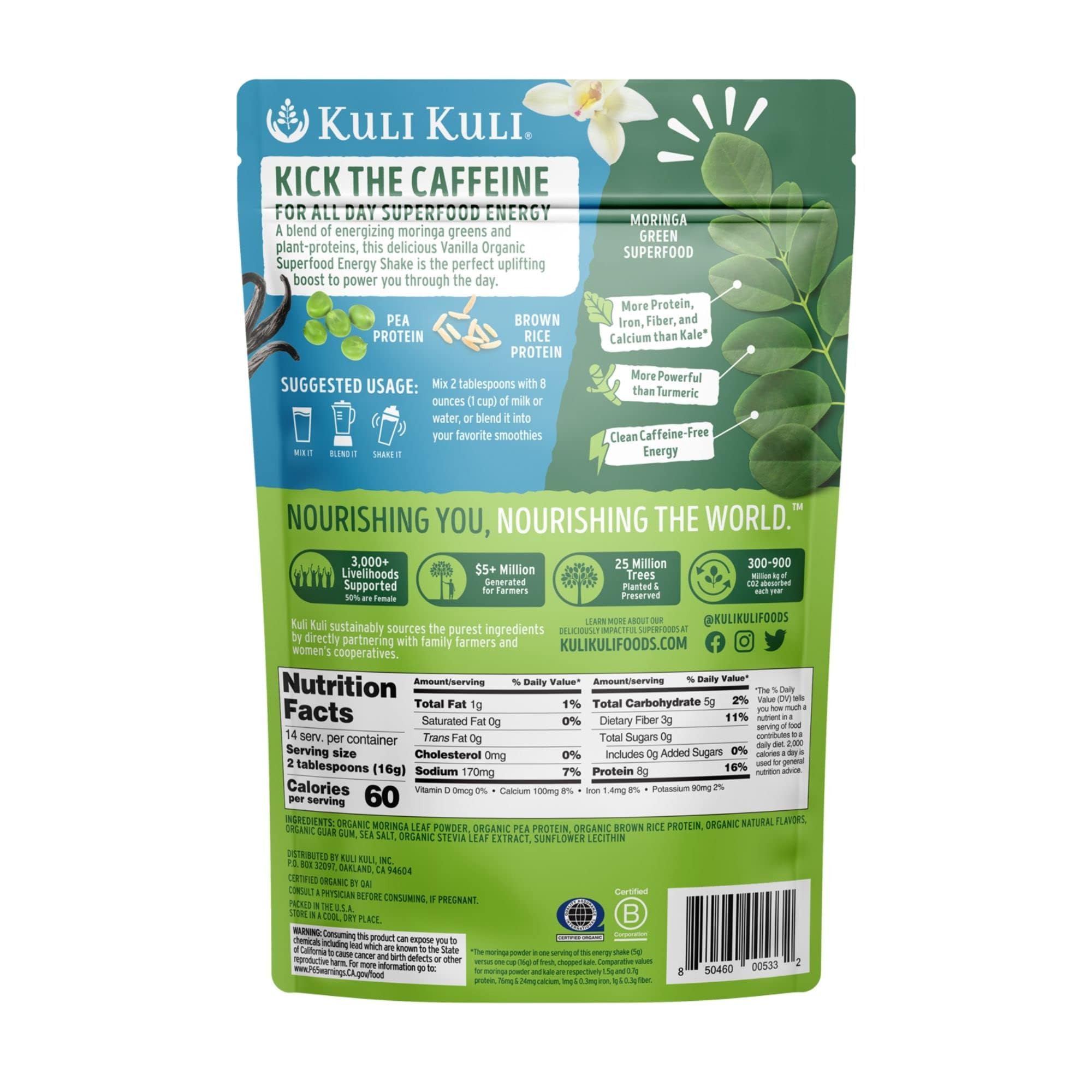 Kuli Kuli Moringa Greens Smoothie, polvo verde, lista para batidos rápidos en casa.