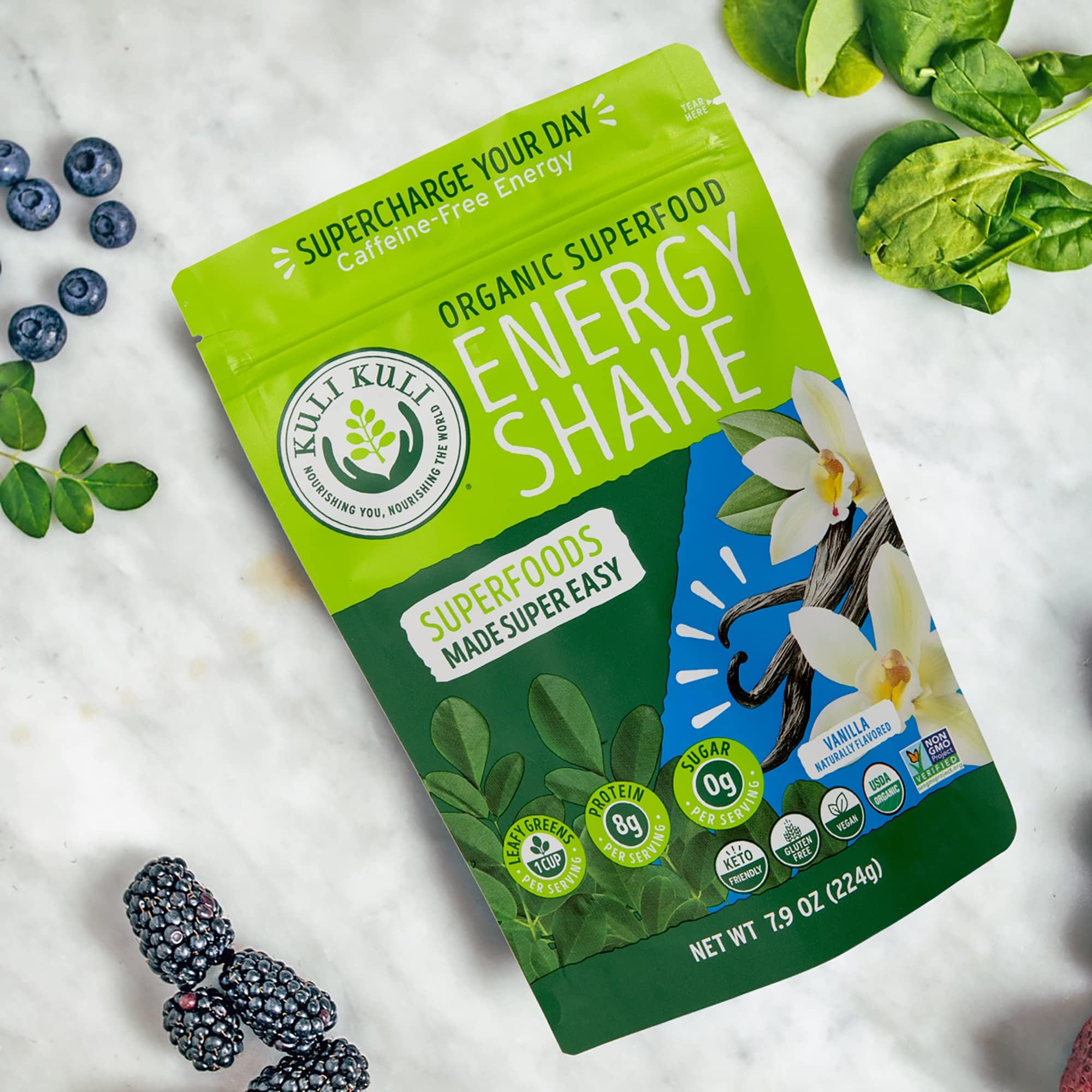 Kuli Kuli Moringa Greens Smoothie, proteína de guisante por porción, potencia tu mañana.