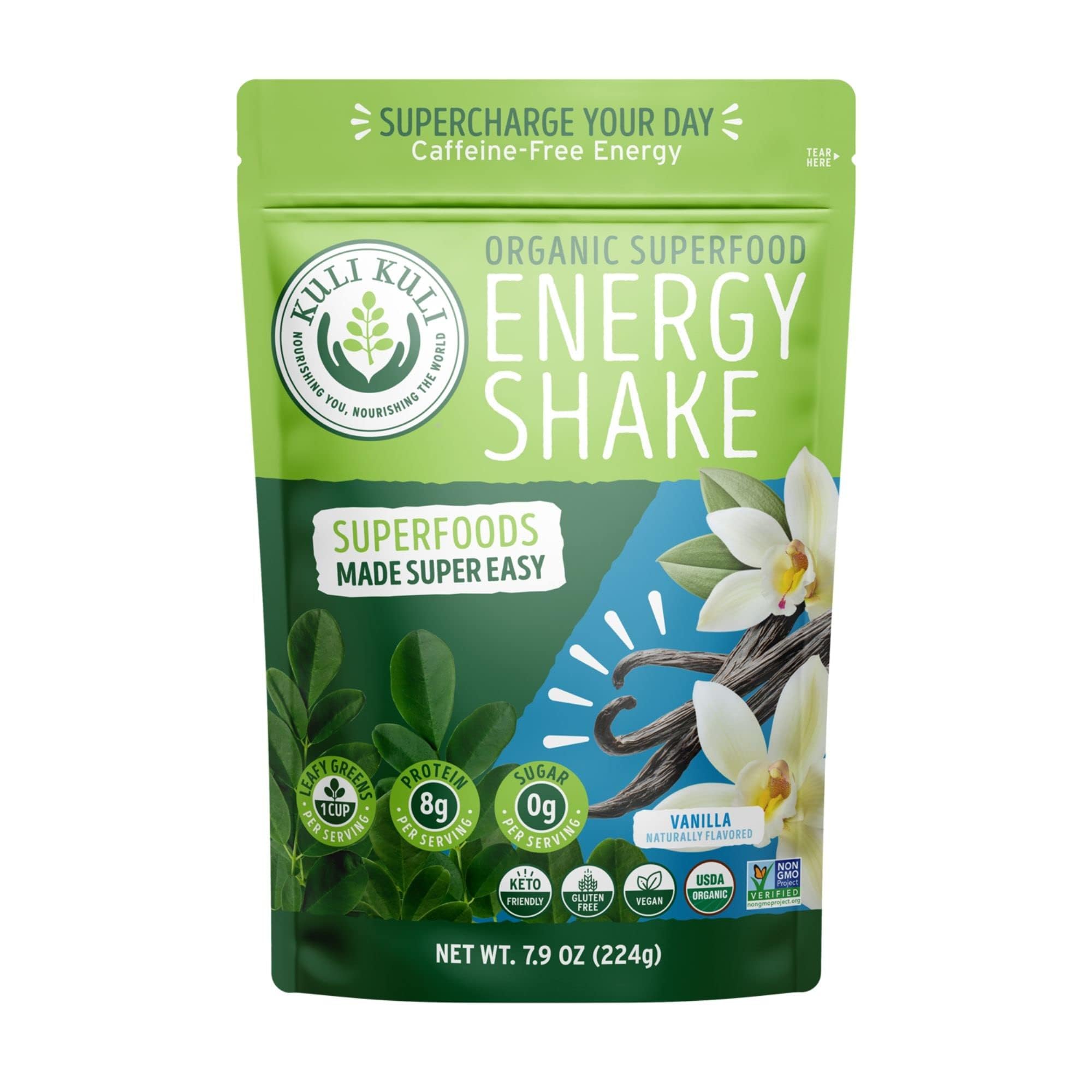 Kuli Kuli Moringa Greens Smoothie, envase vainilla, ideal para empezar el día con energía.