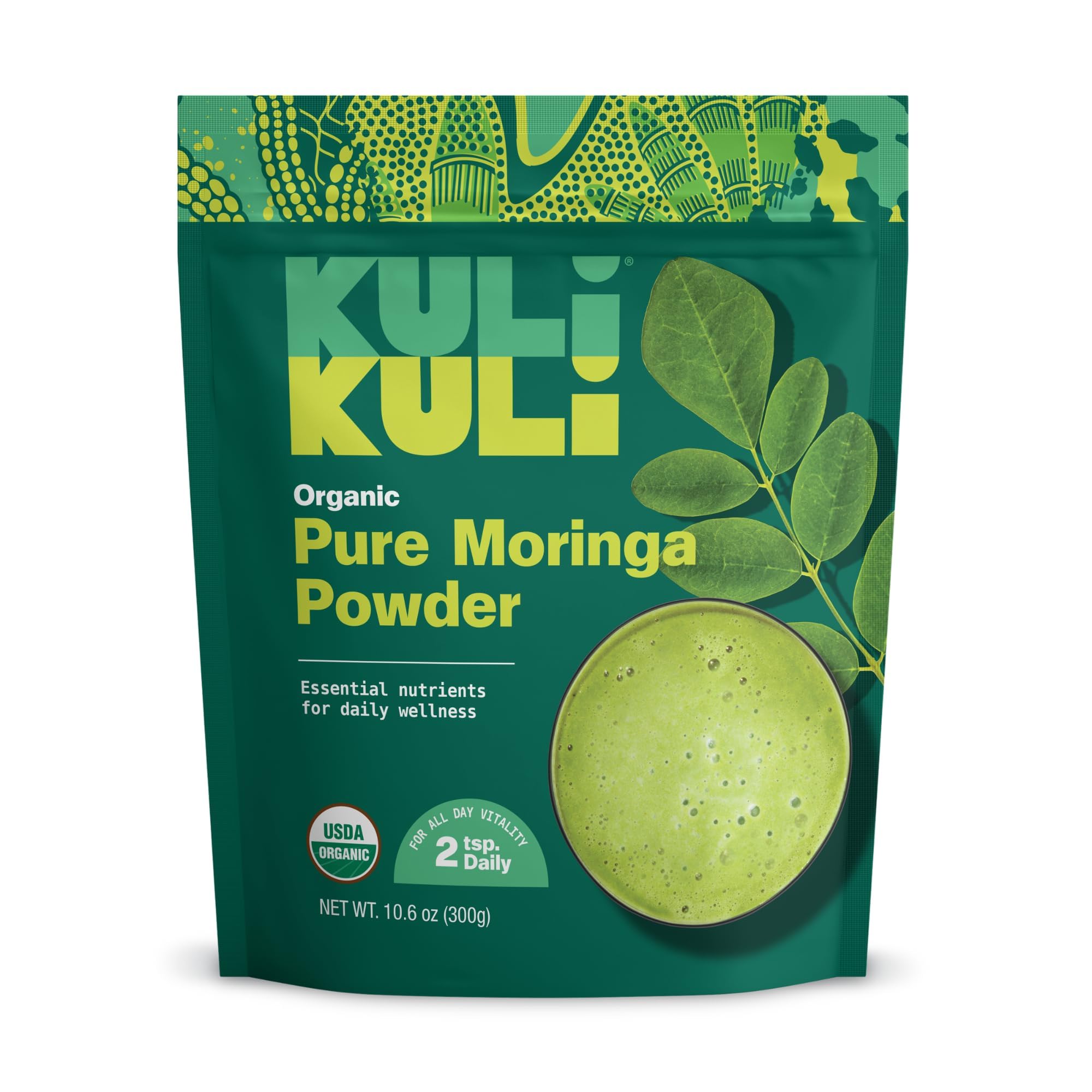 Kuli Kuli Moringa polvo orgánico verde, ideal para batidos antioxidantes.