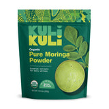Kuli Kuli Moringa polvo orgánico verde, ideal para batidos antioxidantes.