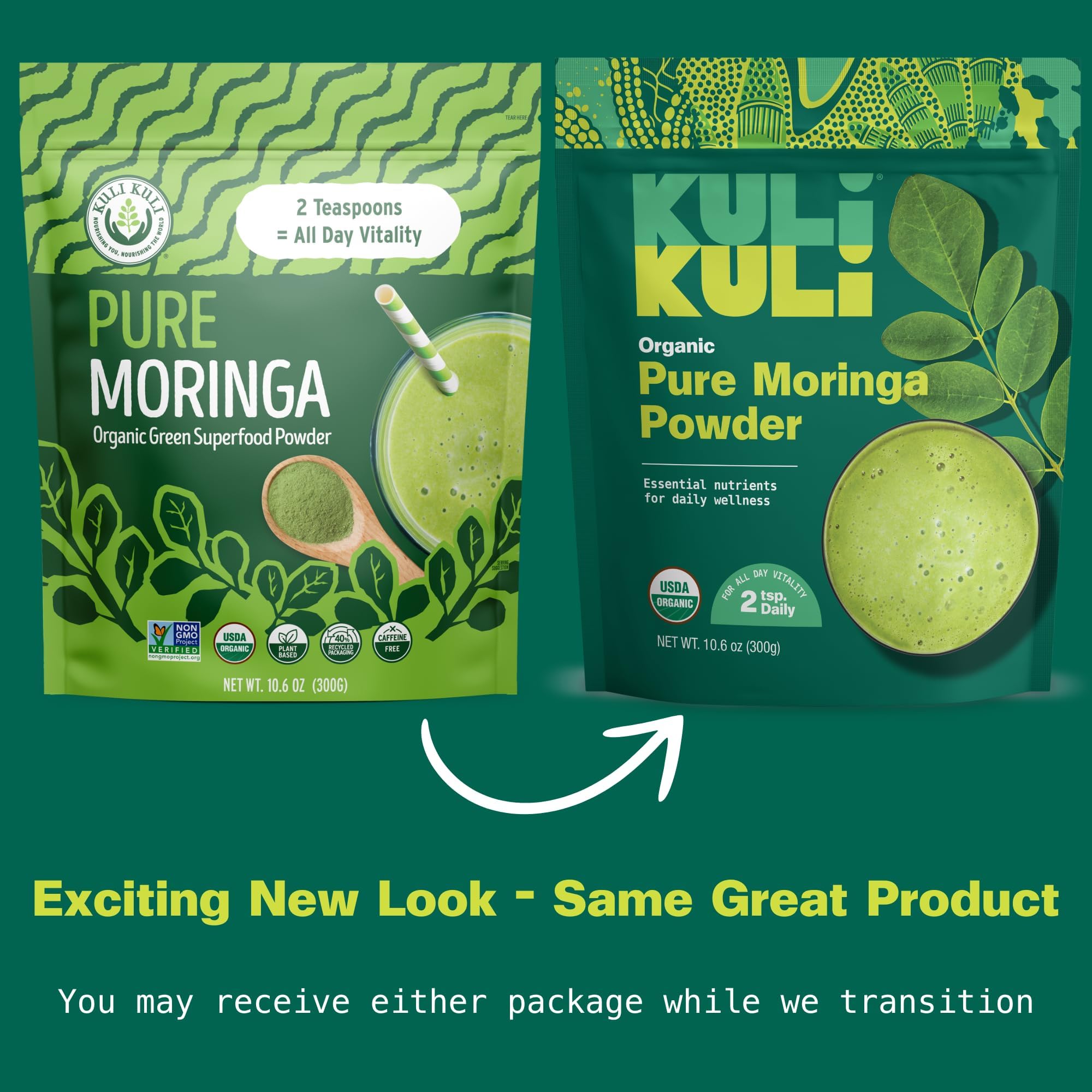 Kuli Kuli Moringa Smoothie Mezcla agregada a un vaso de batido