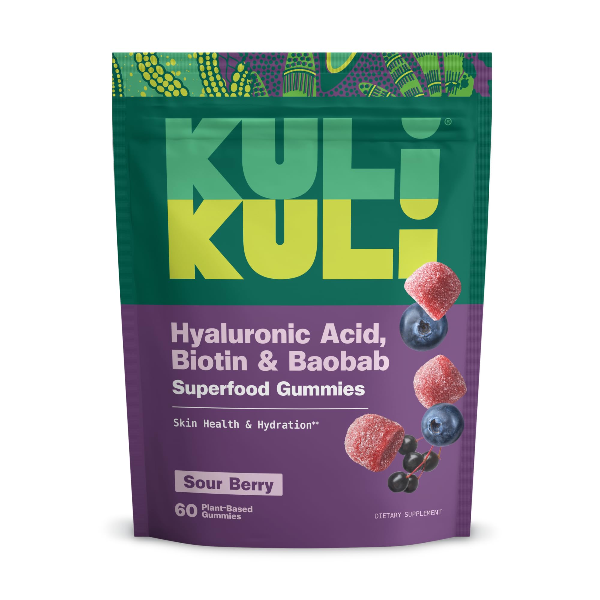 Kuli Kuli Super Gummies envase frontal, gomitas para piel e hidratación.