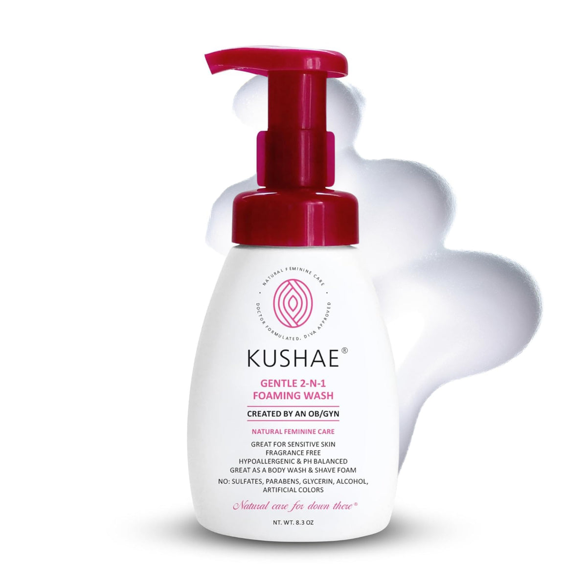 Kushae Gentle: espuma limpiadora en botella para higiene íntima diaria.