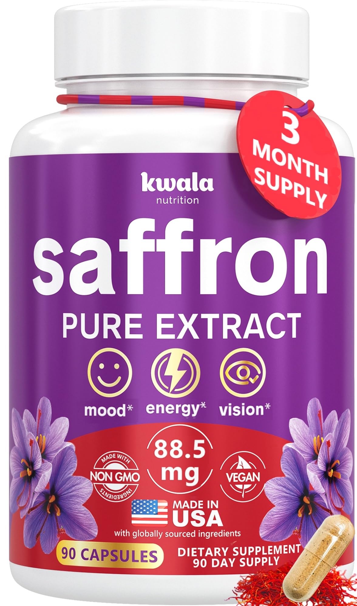 Kwala Nutrition azafrán cápsulas para mejorar el estado de ánimo de forma natural.