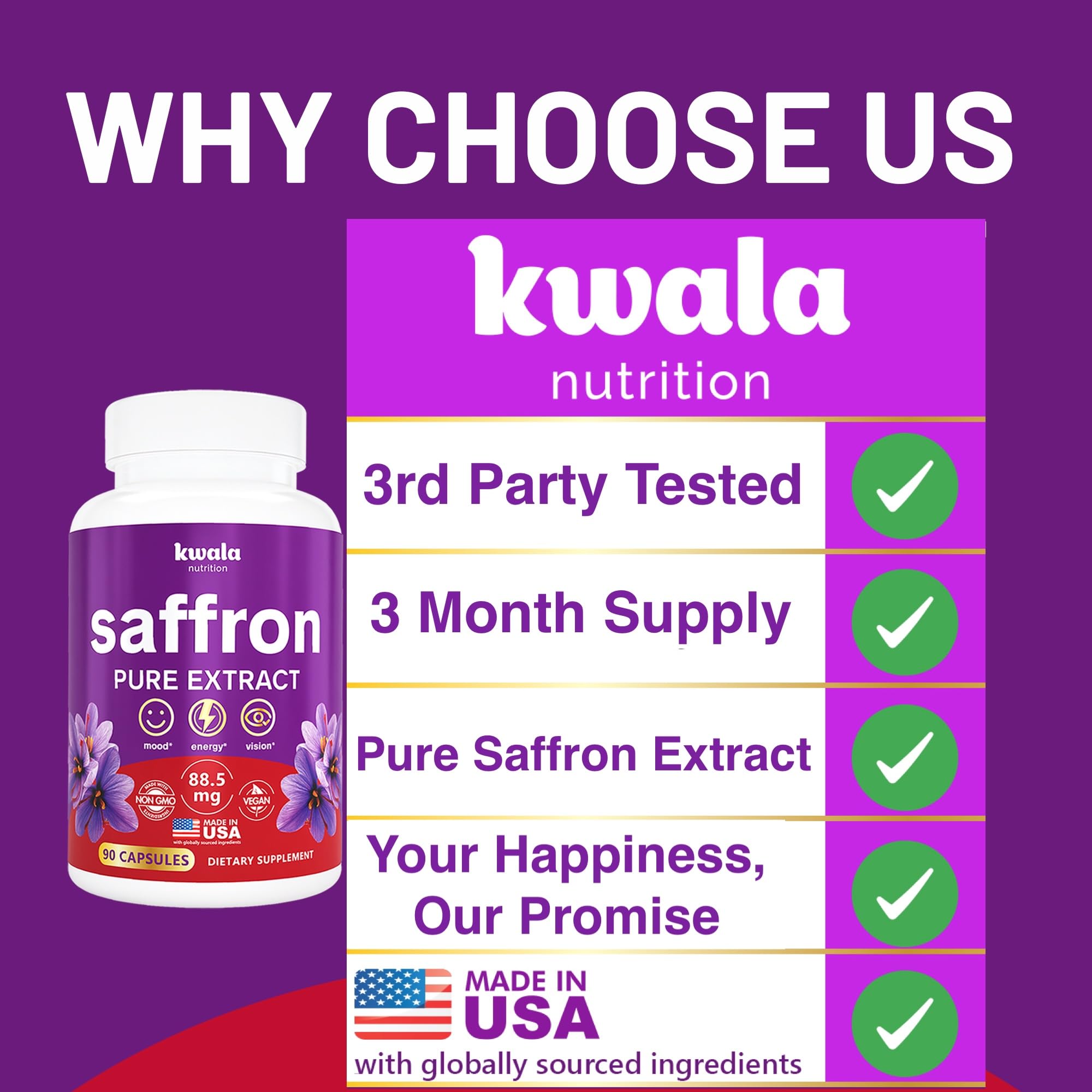 Kwala Nutrition azafrán fabricado en EE. UU. con ingredientes globales.