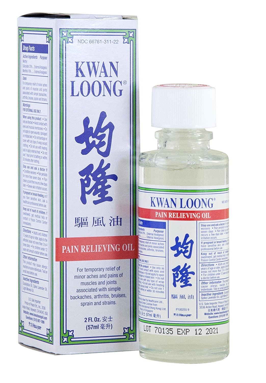 Kwan Loong Aceite Alivio Dolor, botella frontal para uso diario.