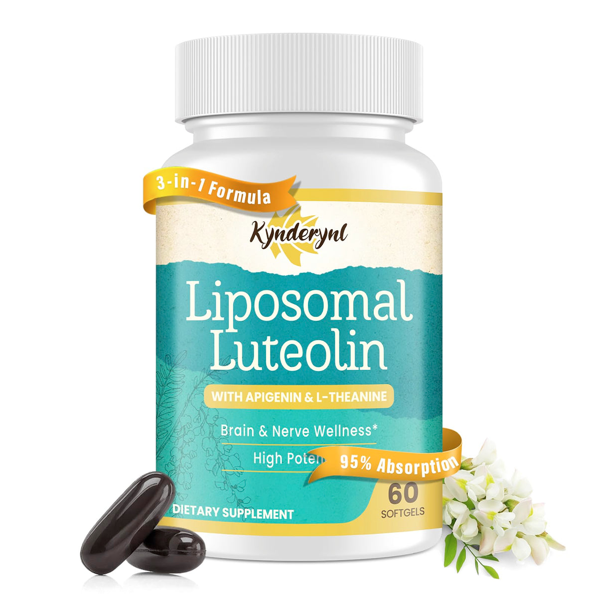 Kynderynl Liposomal Luteolin, botella de 200 mg, apoyo a la memoria y claridad mental.