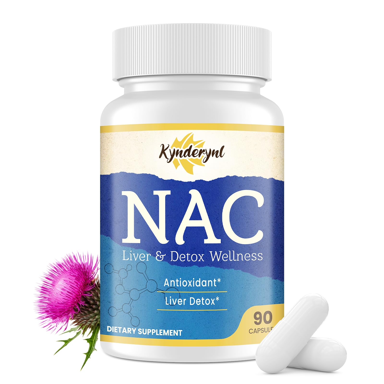 Kynderynl NAC: botella con dos cápsulas para apoyo diario de antioxidantes