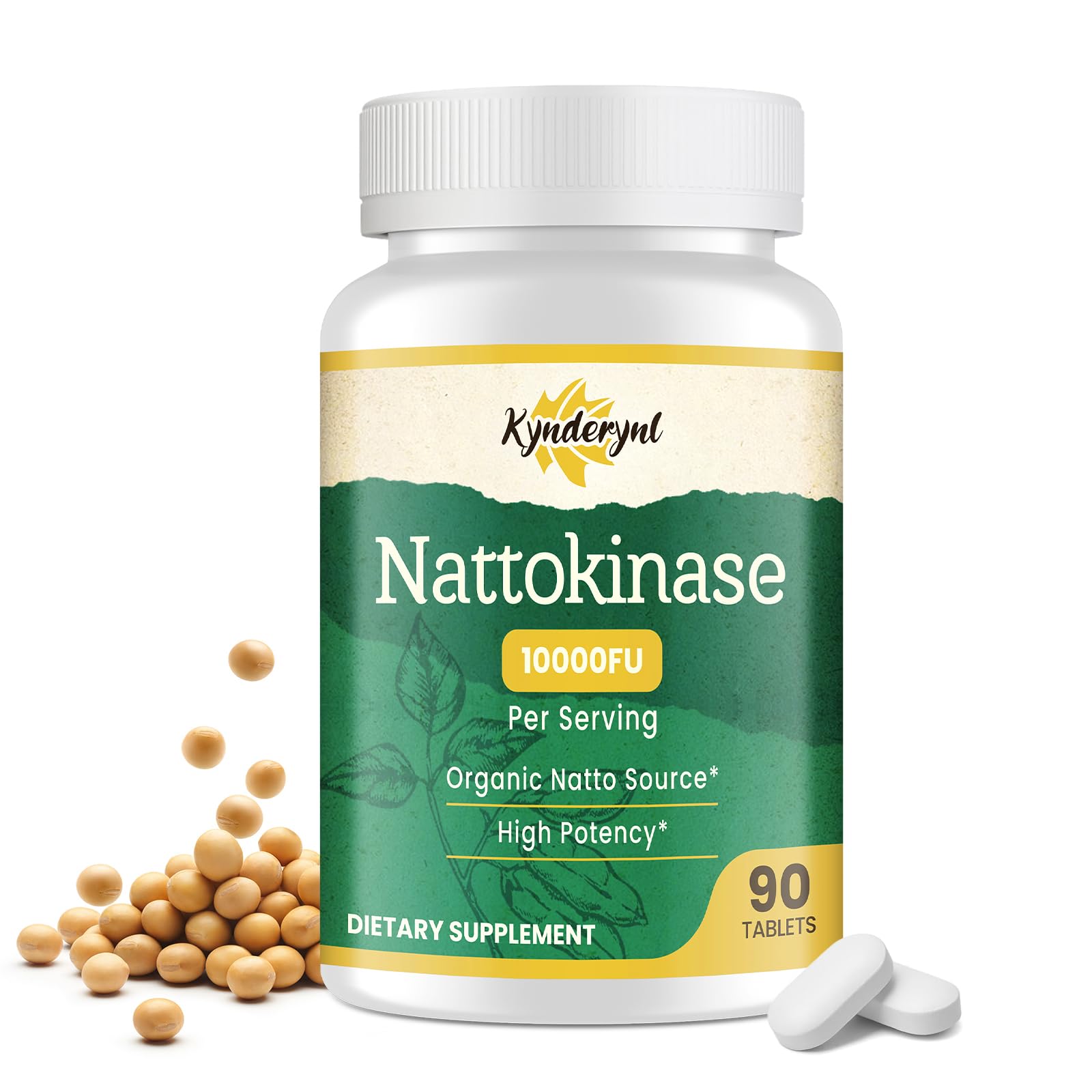 Kynderynl Nattokinase: botella en primer plano, posible apoyo a la circulación.