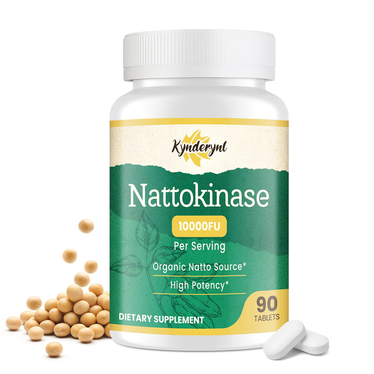 Kynderynl Nattokinase: botella en primer plano, posible apoyo a la circulación.