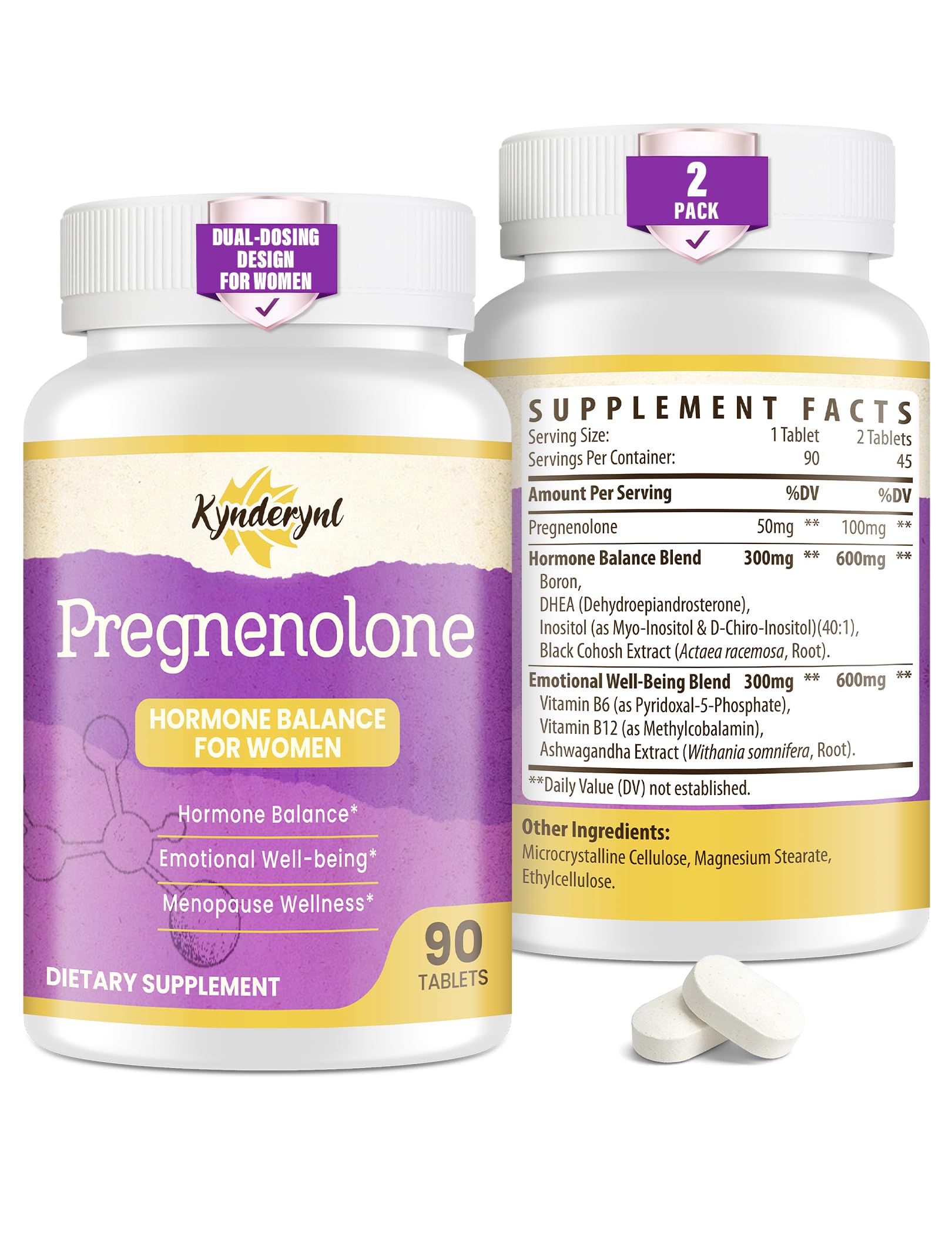 Kynderynl pregnenolona con ashwagandha, tabletas masticables para dosis dual y consumo cómodo.