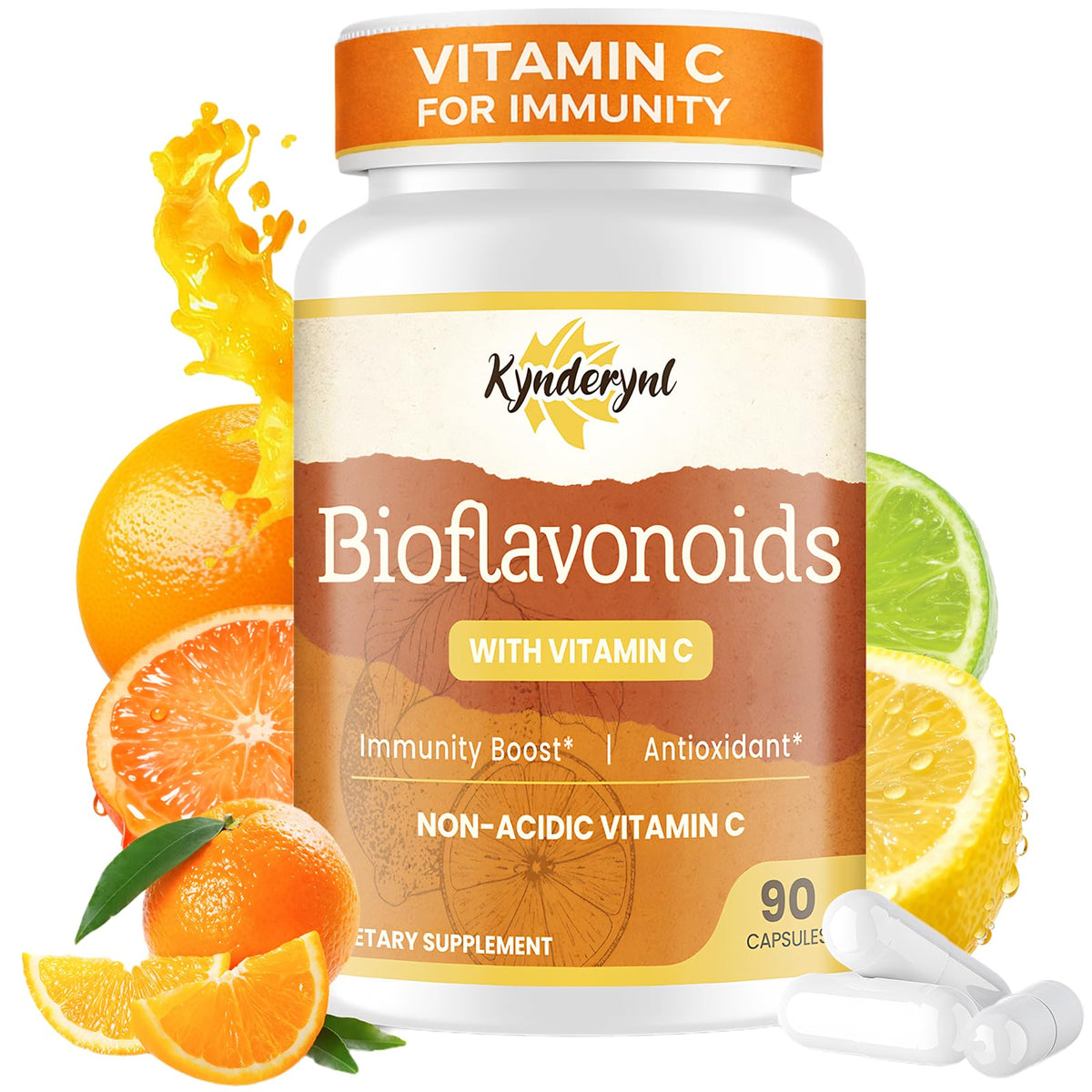Envase de Kynderynl Vitamina C con Bioflavonoides para apoyo inmunitario diario.