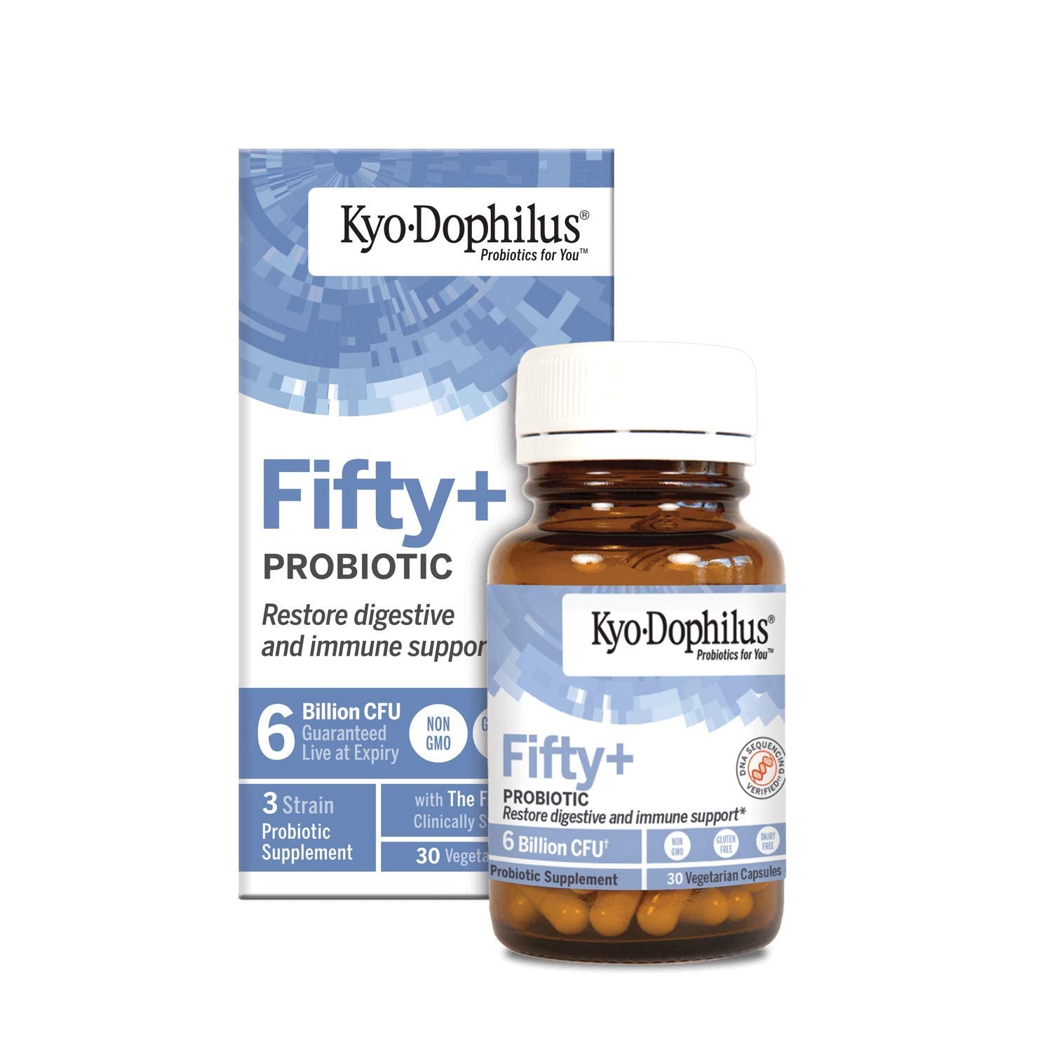 Kyo-Dophilus Fifty Plus en botella con cápsulas para apoyar la digestión diaria.