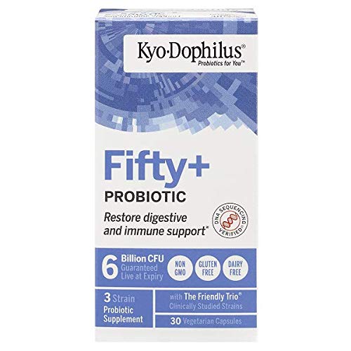 Cápsulas de Kyo-Dophilus Fifty Plus alineadas para uso diario.
