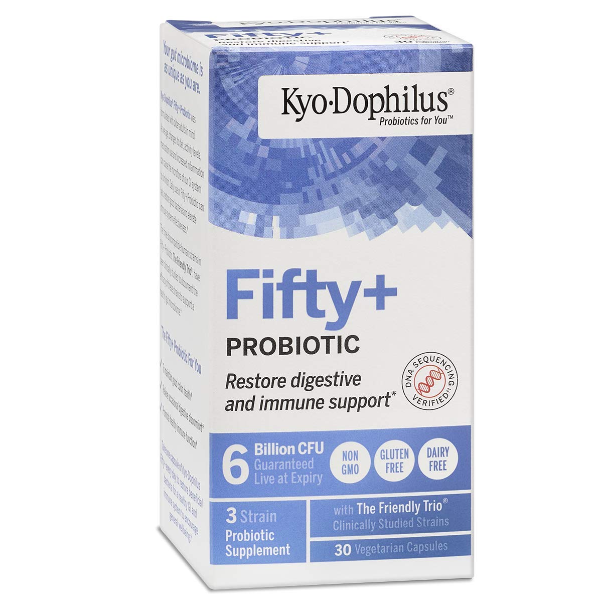 Cepas L. gasseri, B. bifidum y B. longum en Kyo-Dophilus Fifty Plus.