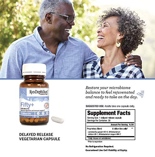 Uso diario de Kyo-Dophilus Fifty Plus para equilibrio intestinal.