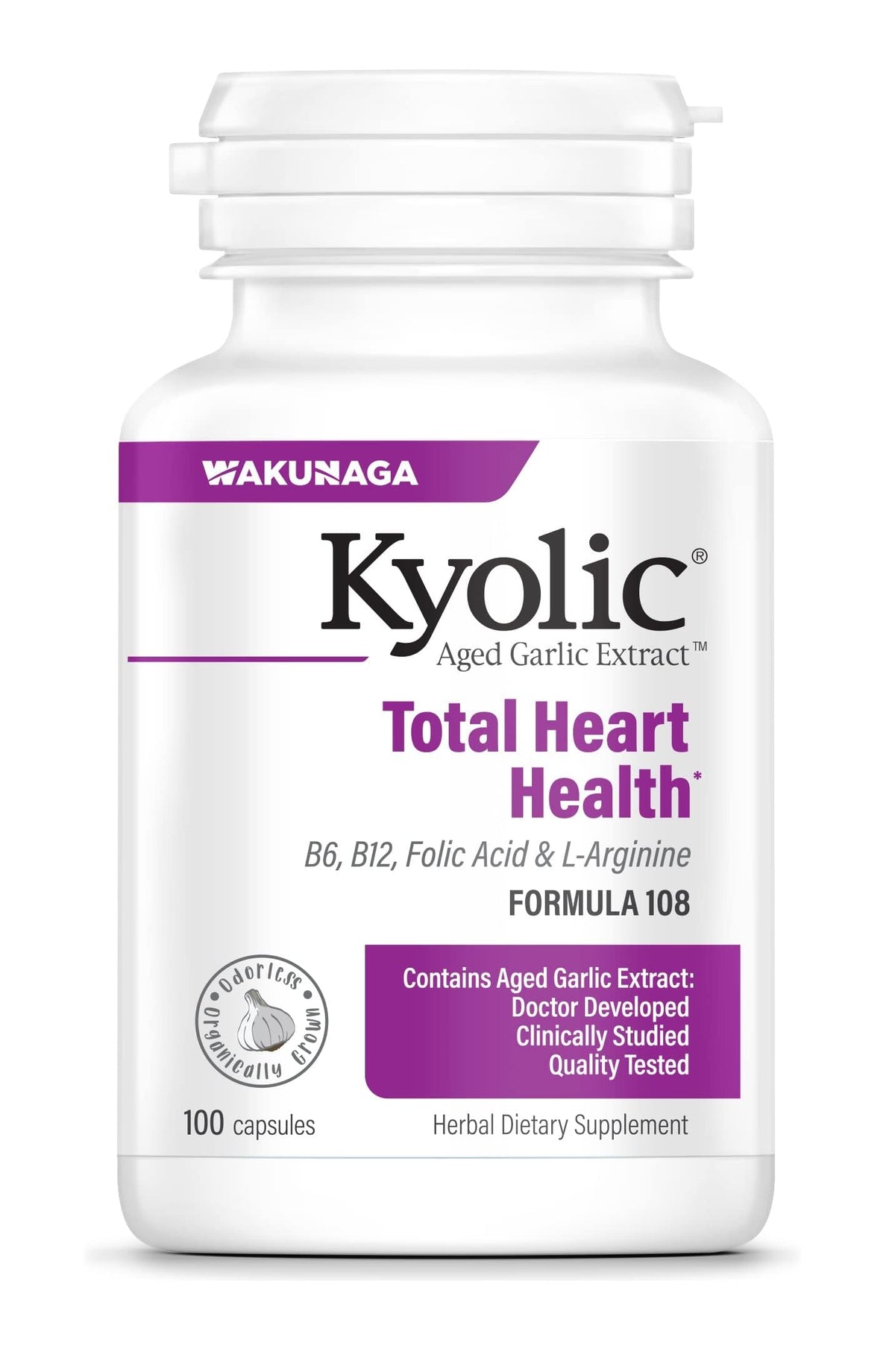 Kyolic 108 en botella de extracto de ajo envejecido para apoyo cardiovascular.