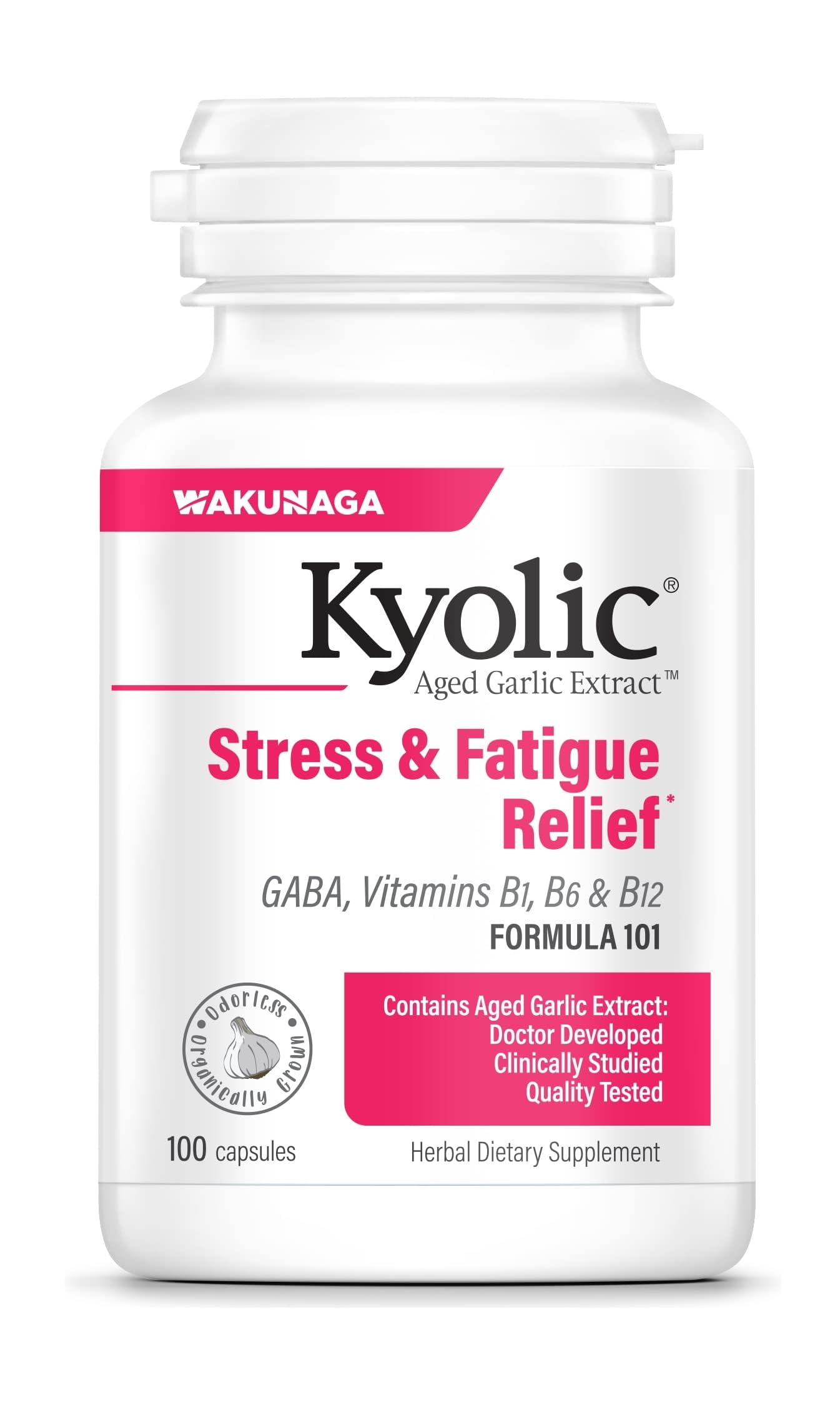 Kyolic Aged Garlic Extract Formula 101, botella vertida: posible apoyo al manejo del estrés diario.