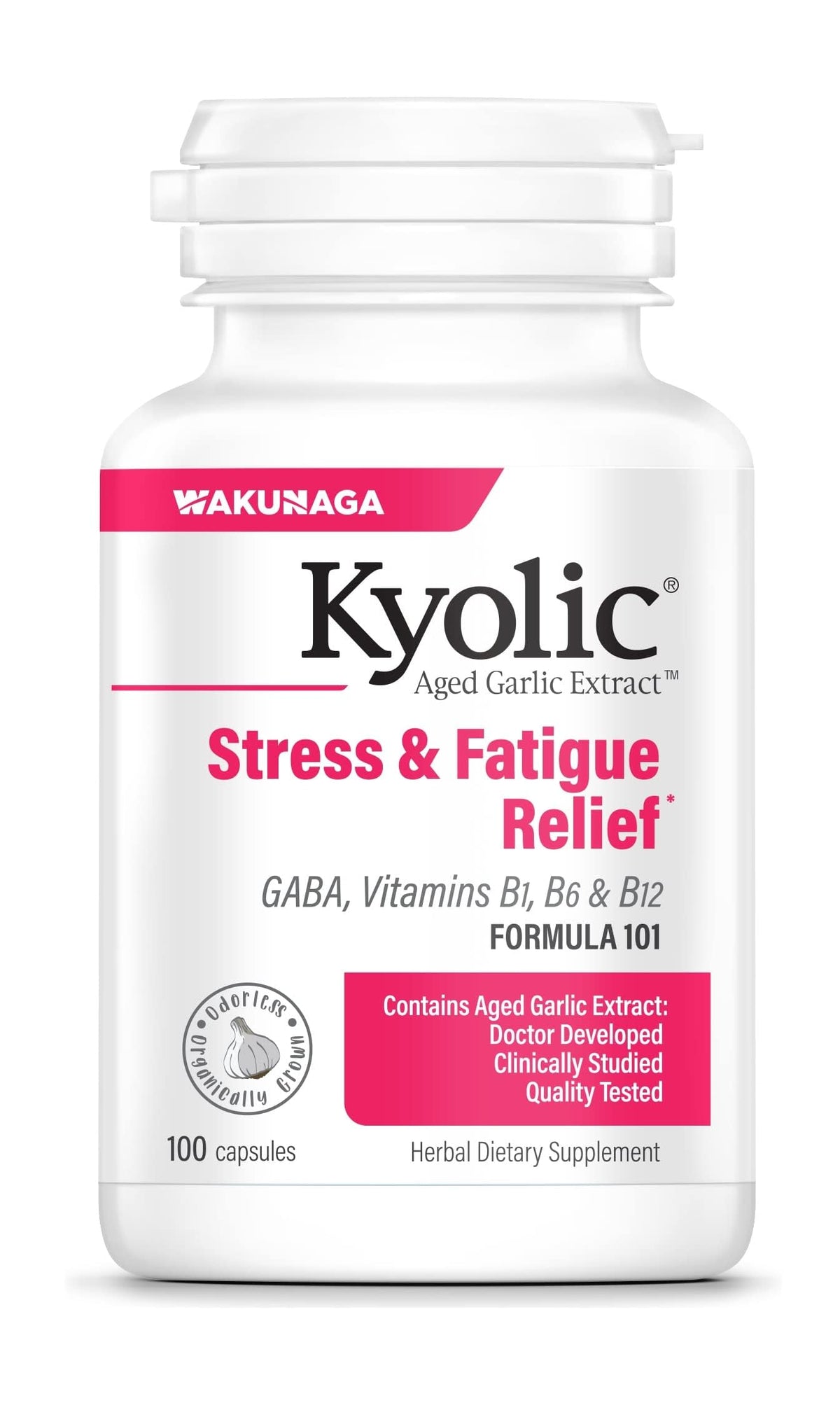 Kyolic Aged Garlic Extract Formula 101, botella vertida: posible apoyo al manejo del estrés diario.