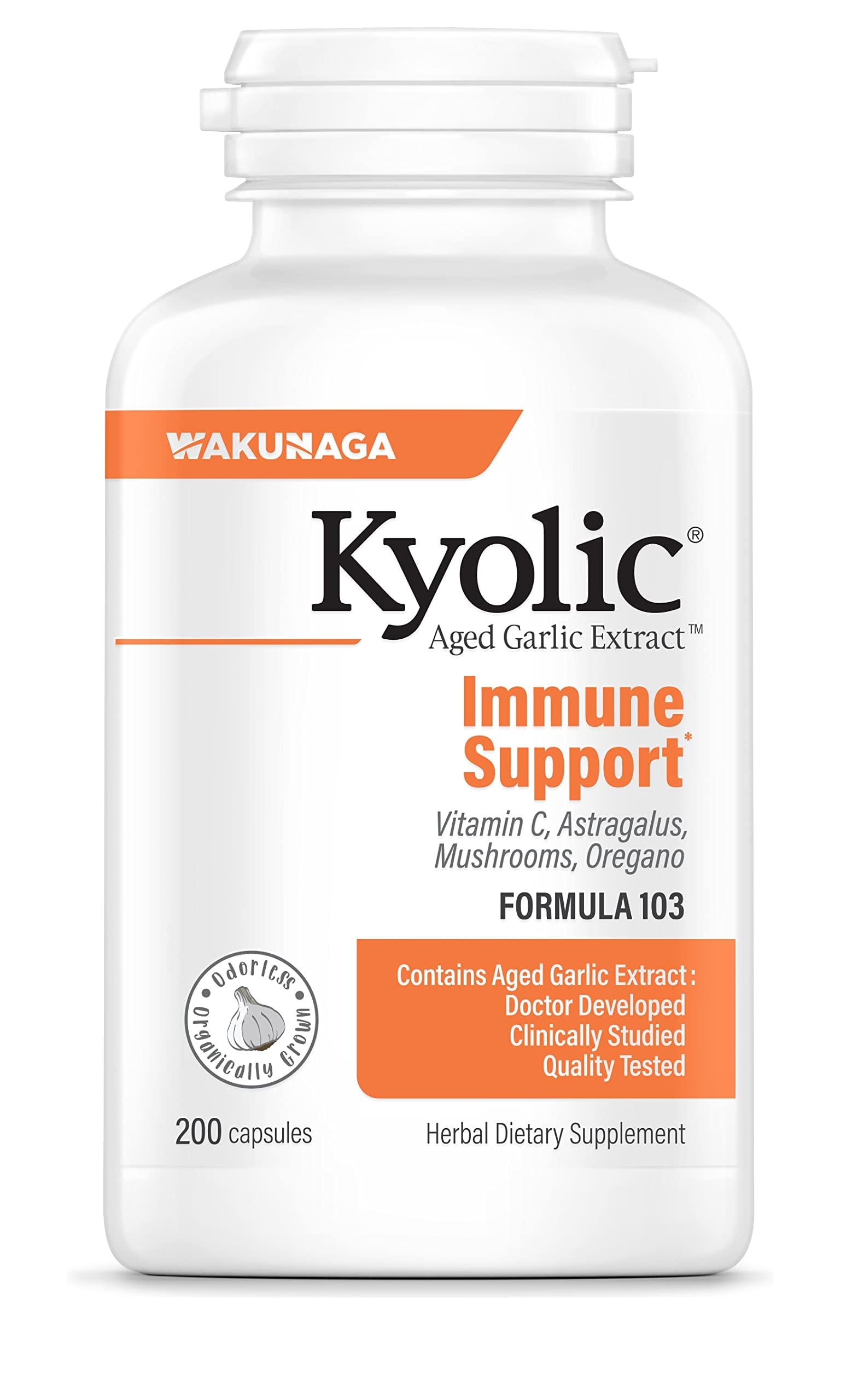 Kyolic extracto de ajo envejecido 103, botella para apoyo inmunológico diario.