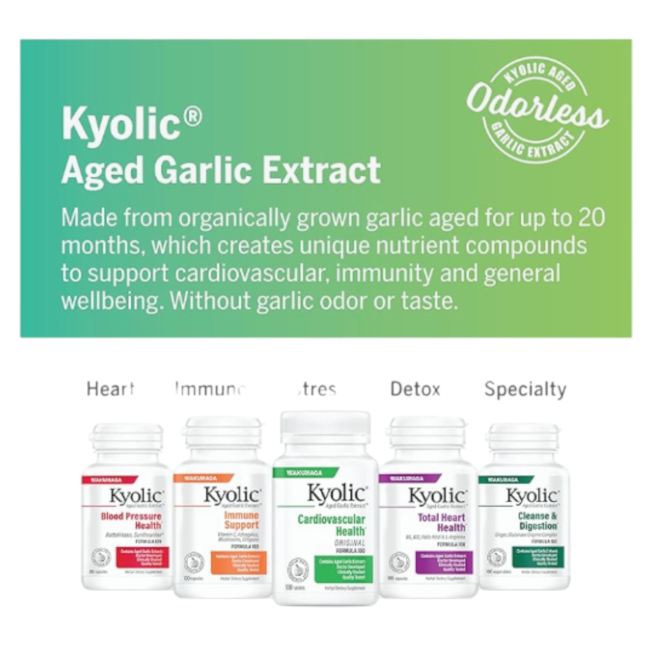 Kyolic ajo envejecido cultivado orgánicamente, opción limpia para la salud.