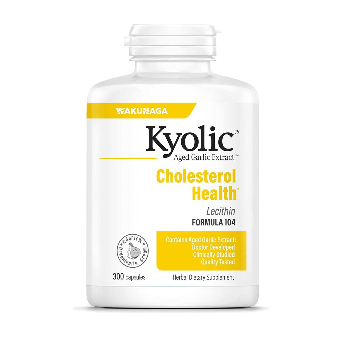 Kyolic ajo envejecido extracto 104: botella de suplemento para apoyar la salud general.