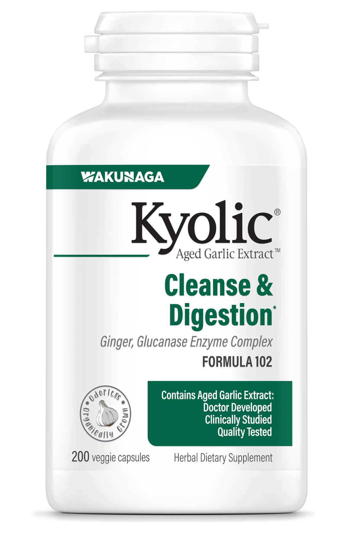 Kyolic fórmula 102 en botella con extracto de ajo envejecido sin olor.