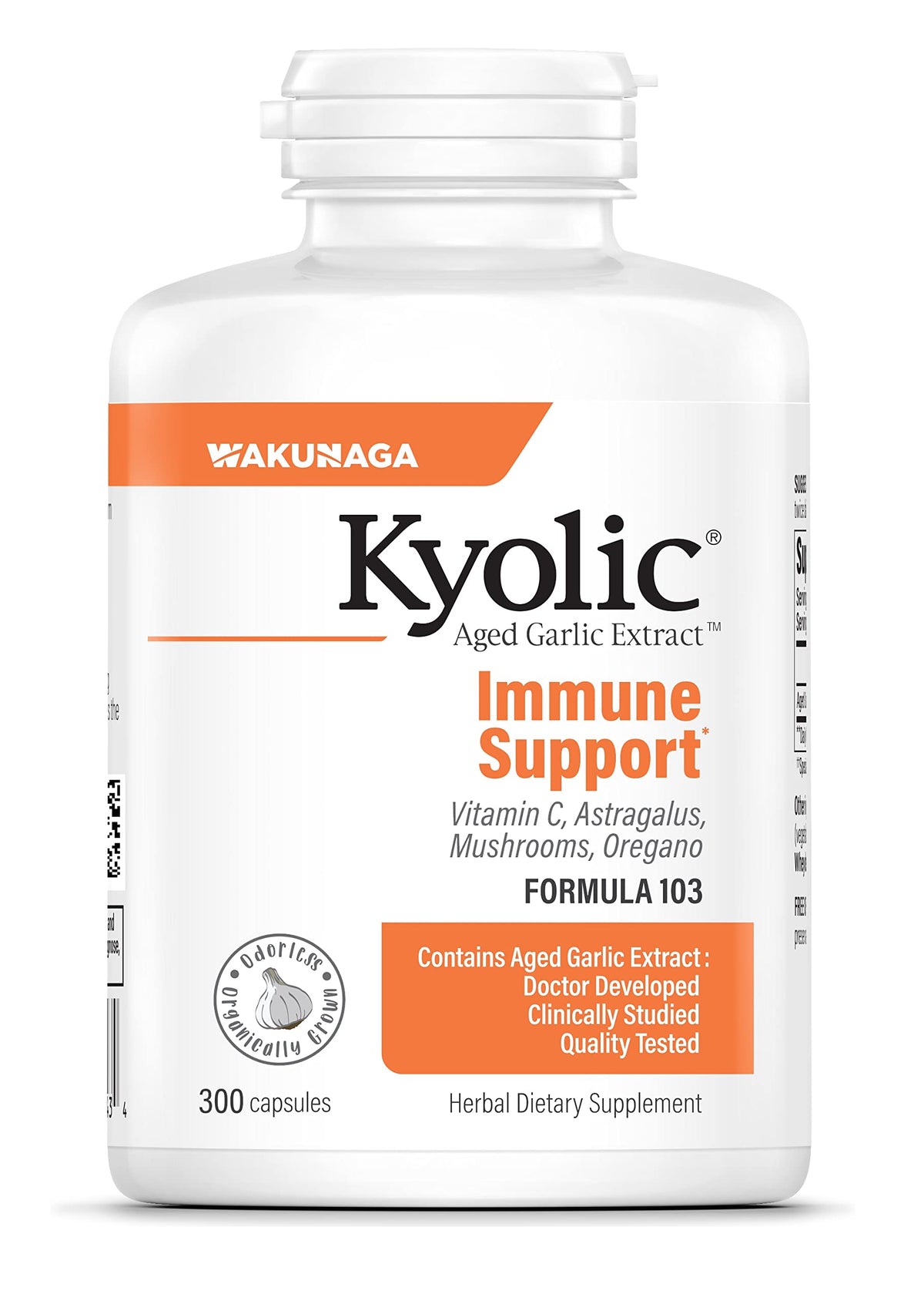 Kyolic Aged Garlic Extract 103, frasco de cápsulas, soporte inmunológico diario.