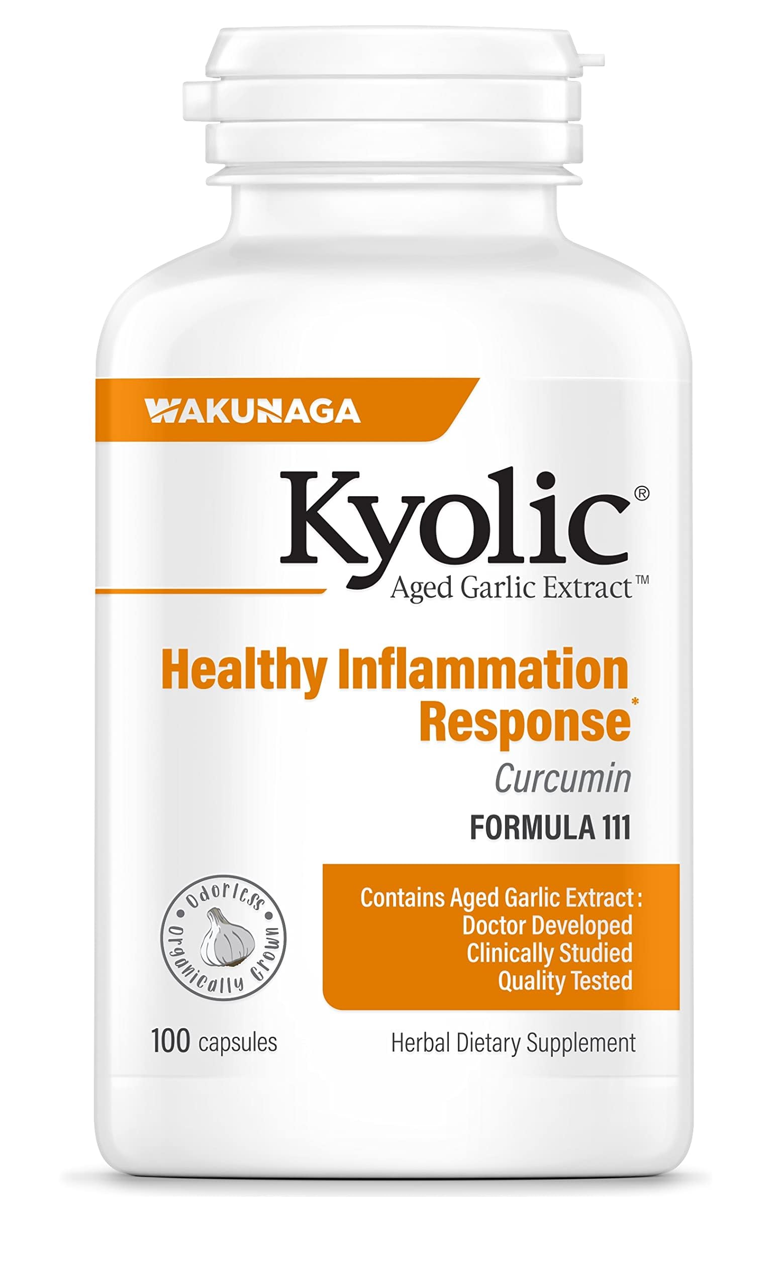 Kyolic Ajo Envejecido Fórmula 111 en botella, apoyo al bienestar diario.