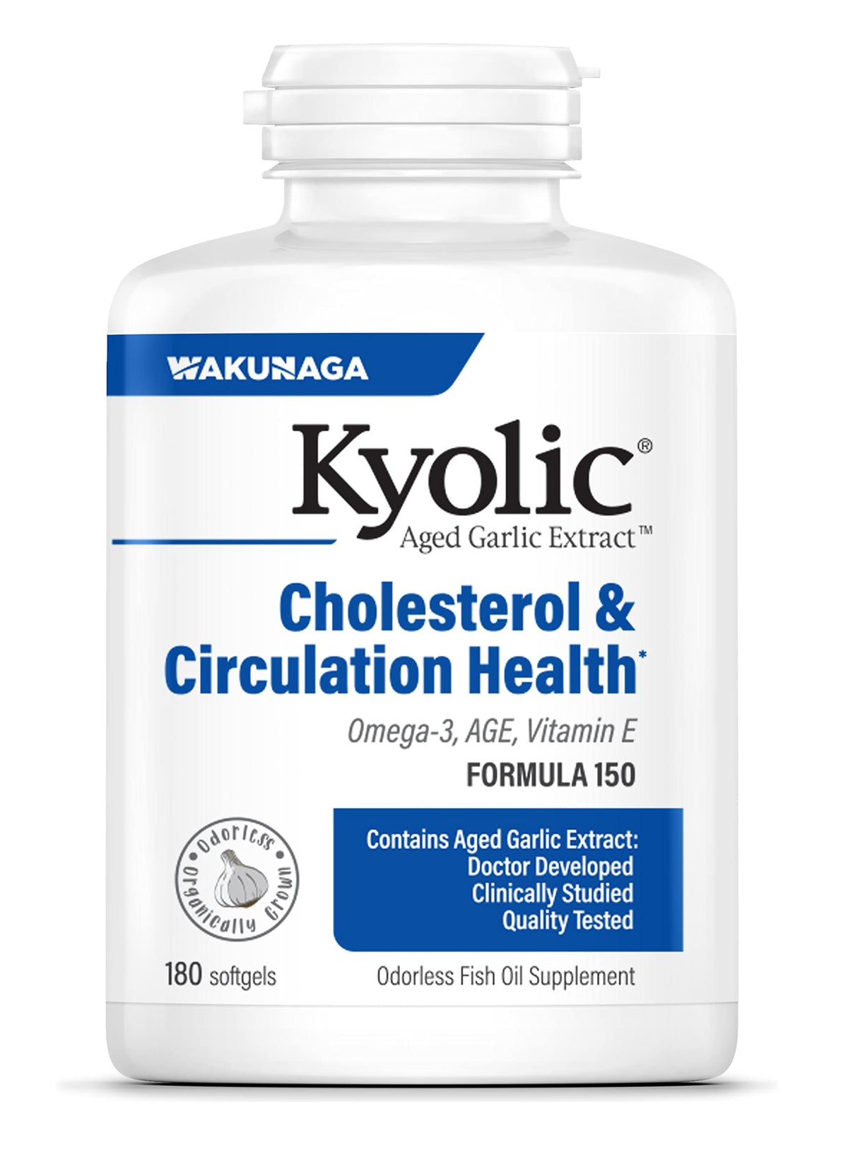 Kyolic extracto de ajo envejecido fórmula 150: botella con etiqueta, ideal para apoyo cardiovascular.
