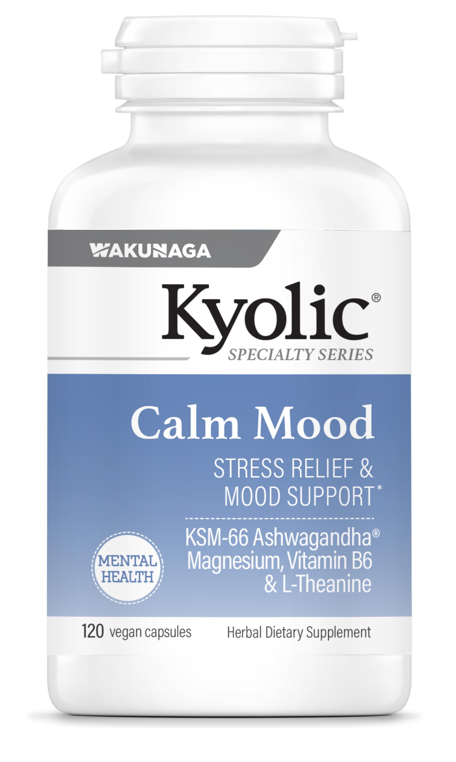 Kyolic Calm Mood: botella de cápsulas para equilibrio emocional.