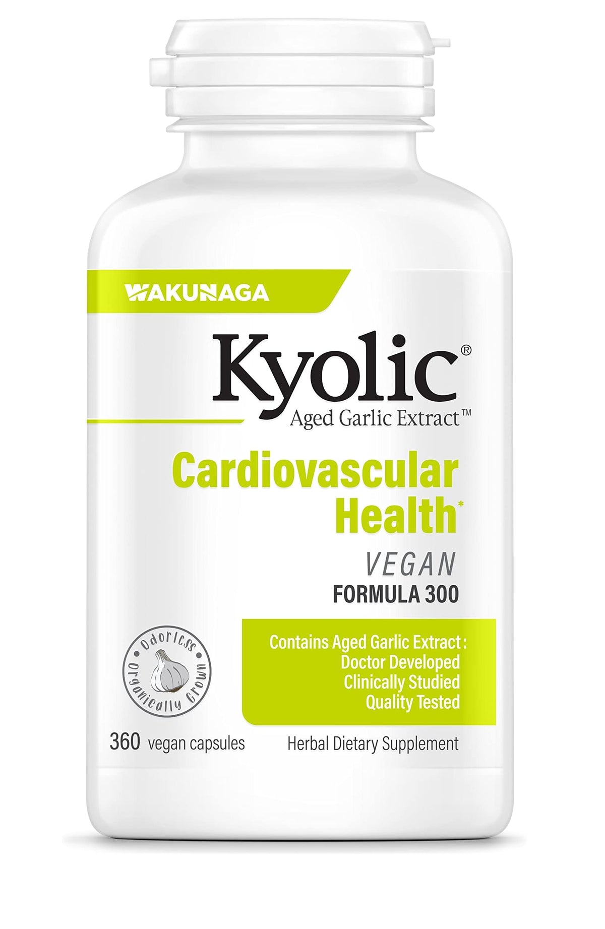 Kyolic Fórmula 300: cápsulas de ajo envejecido, compactas para uso diario.