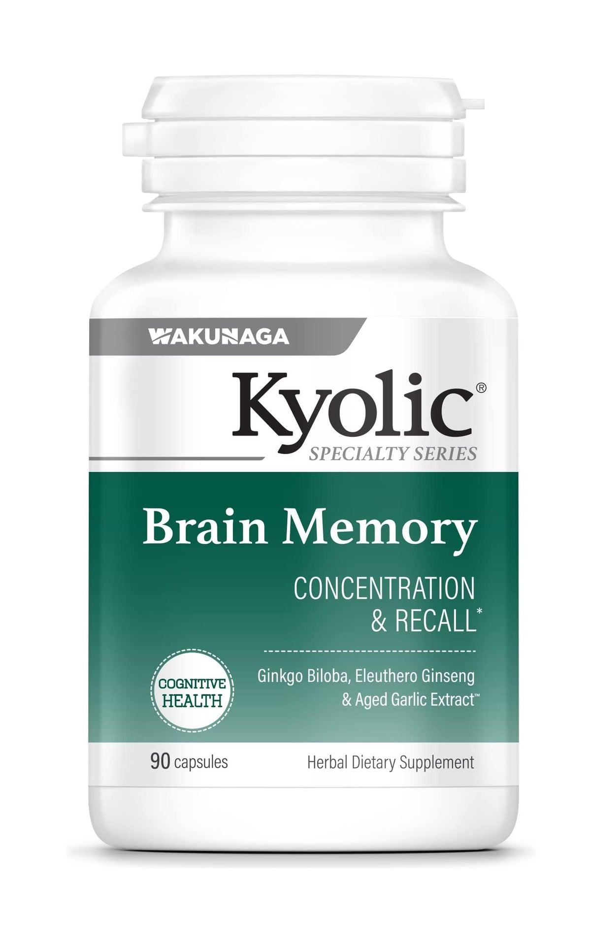 Kyolic Brain Memory – botella mostrando el envase para concentración y memoria.