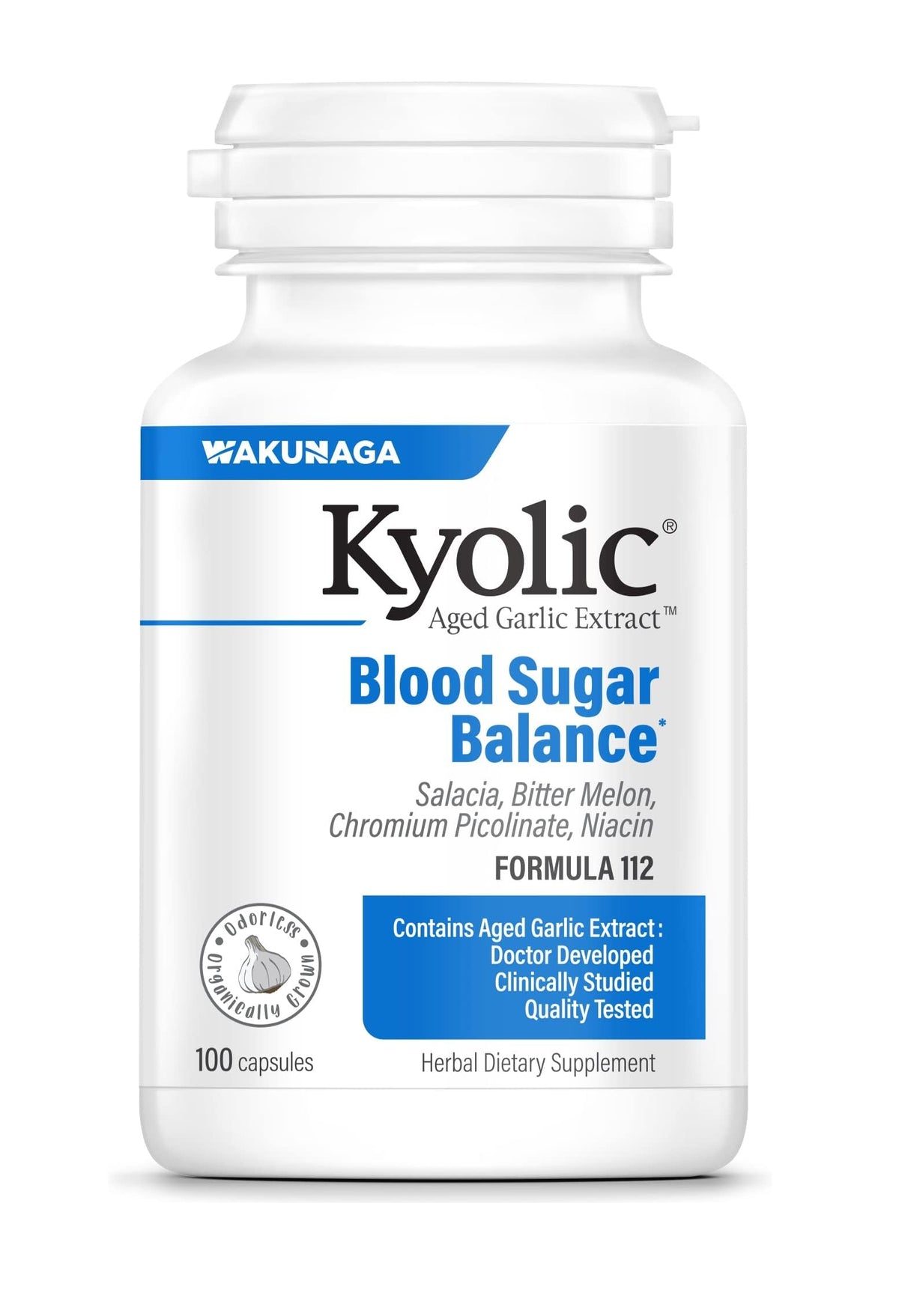 Kyolic Extracto de Ajo Envejecido 112, botella para apoyar el equilibrio de la glucosa.