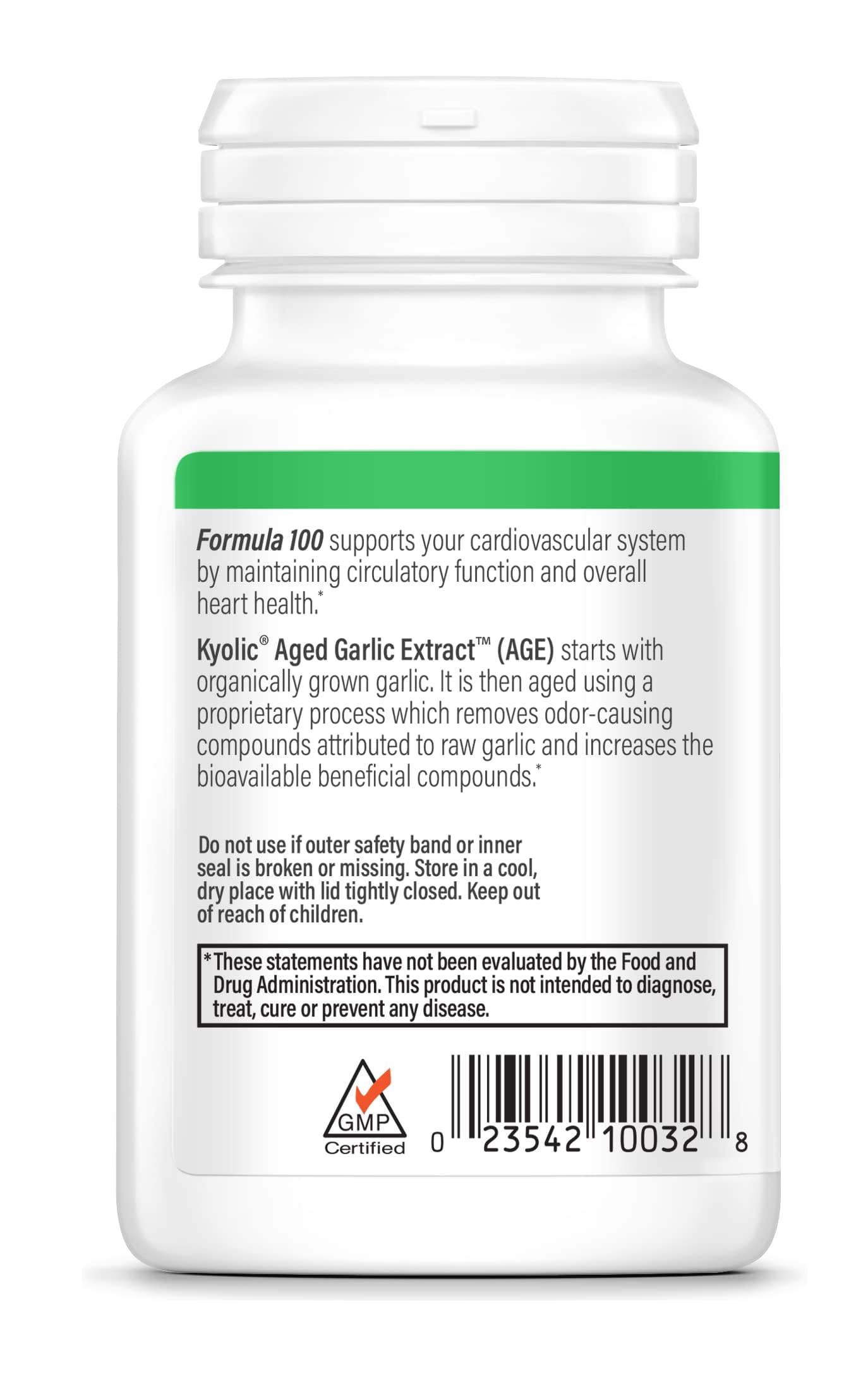 Caja de Kyolic Formula 100 destacando ingredientes no transgénicos y origen orgánico.
