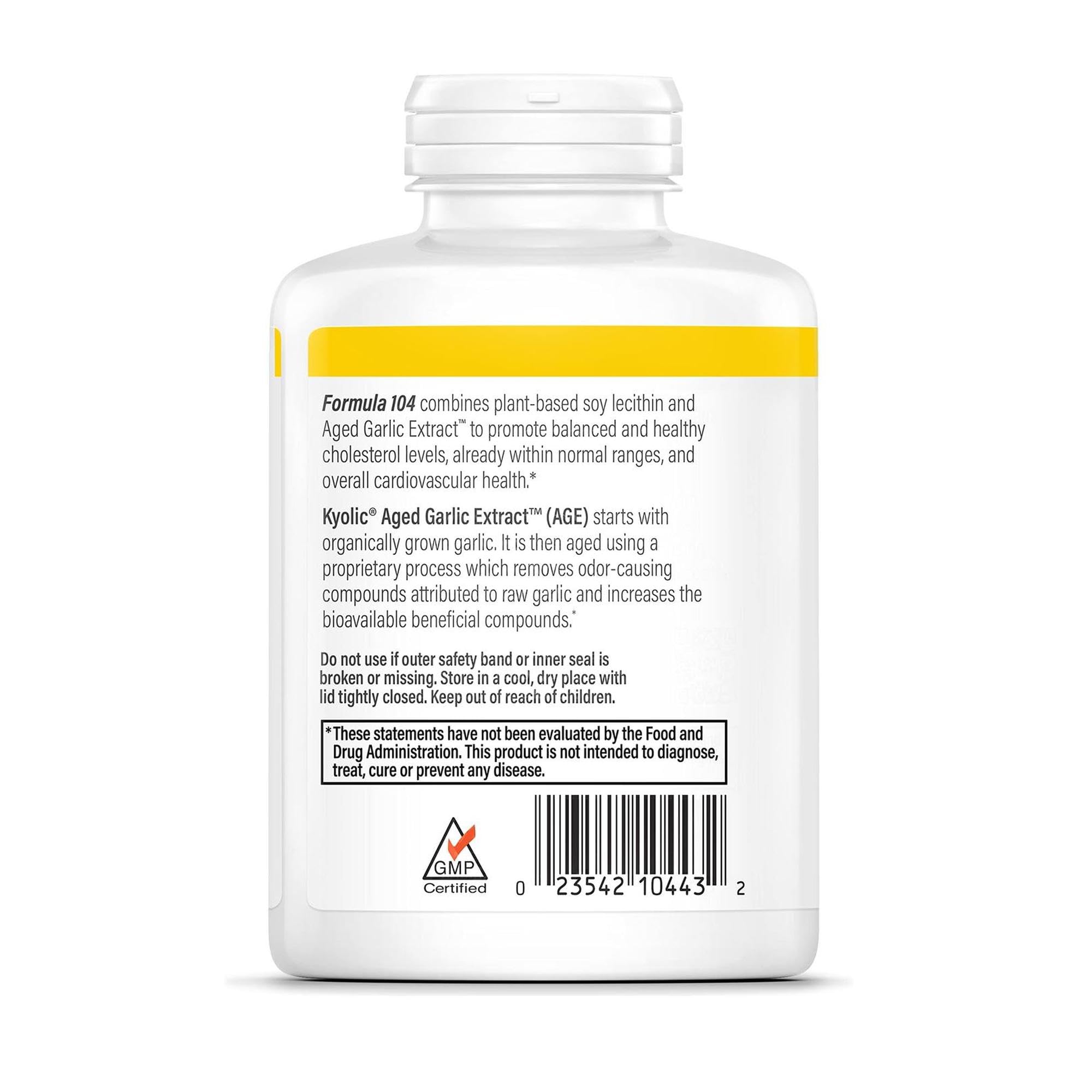 Kyolic Fórmula 104 etiqueta clara con información de ingredientes para decisiones informadas.