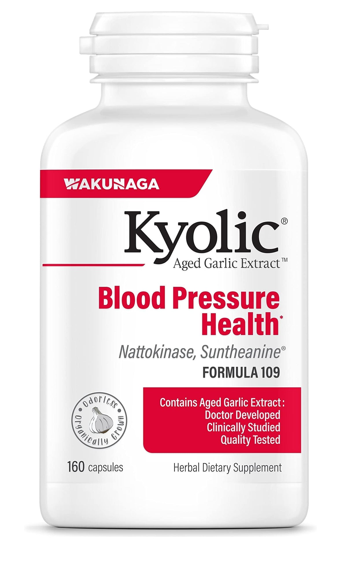 Frasco de Kyolic Formula 109 con cápsulas para la salud cardiovascular.