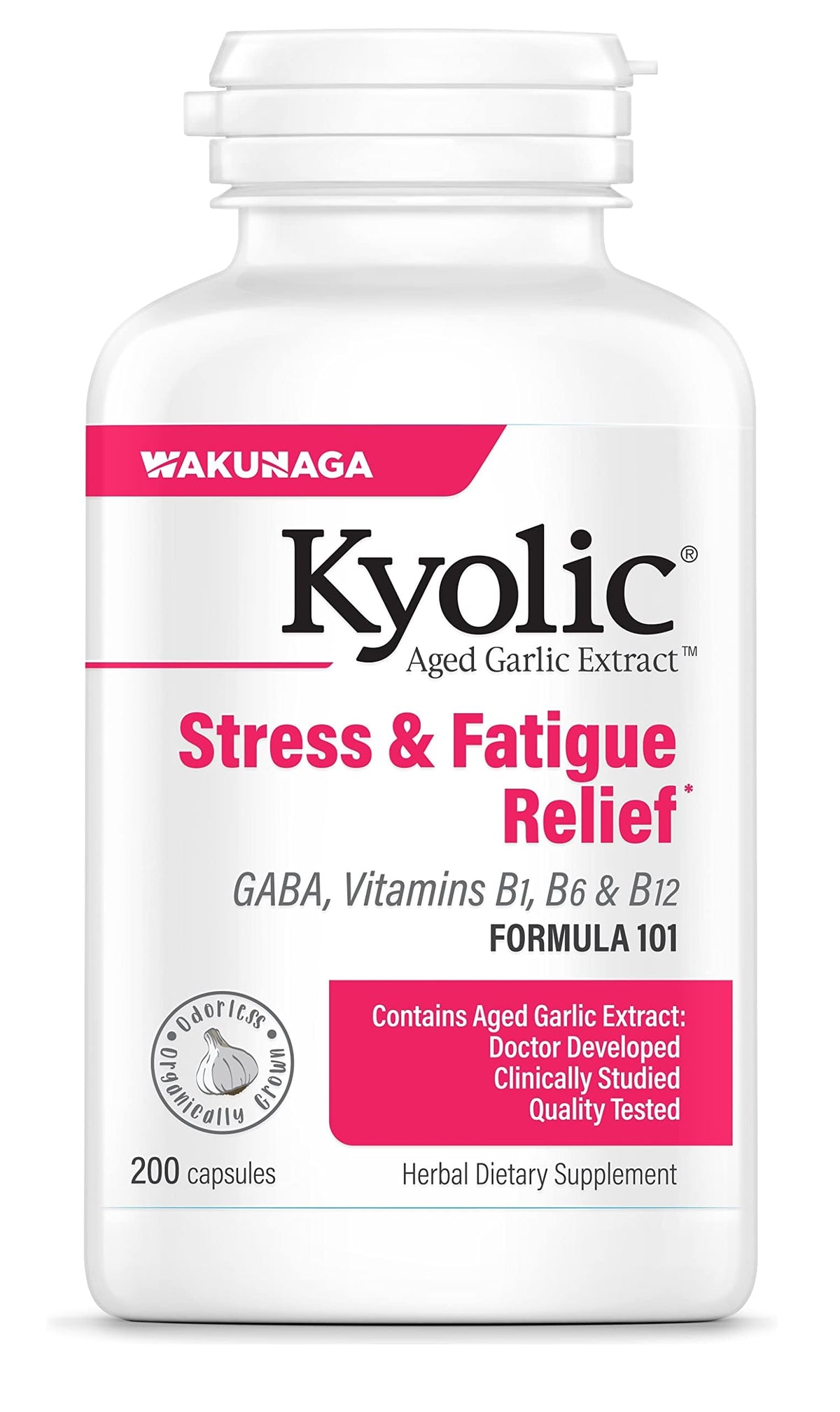 Kyolic Fórmula 101, botella de ajo envejecido, posible apoyo al bienestar diario.