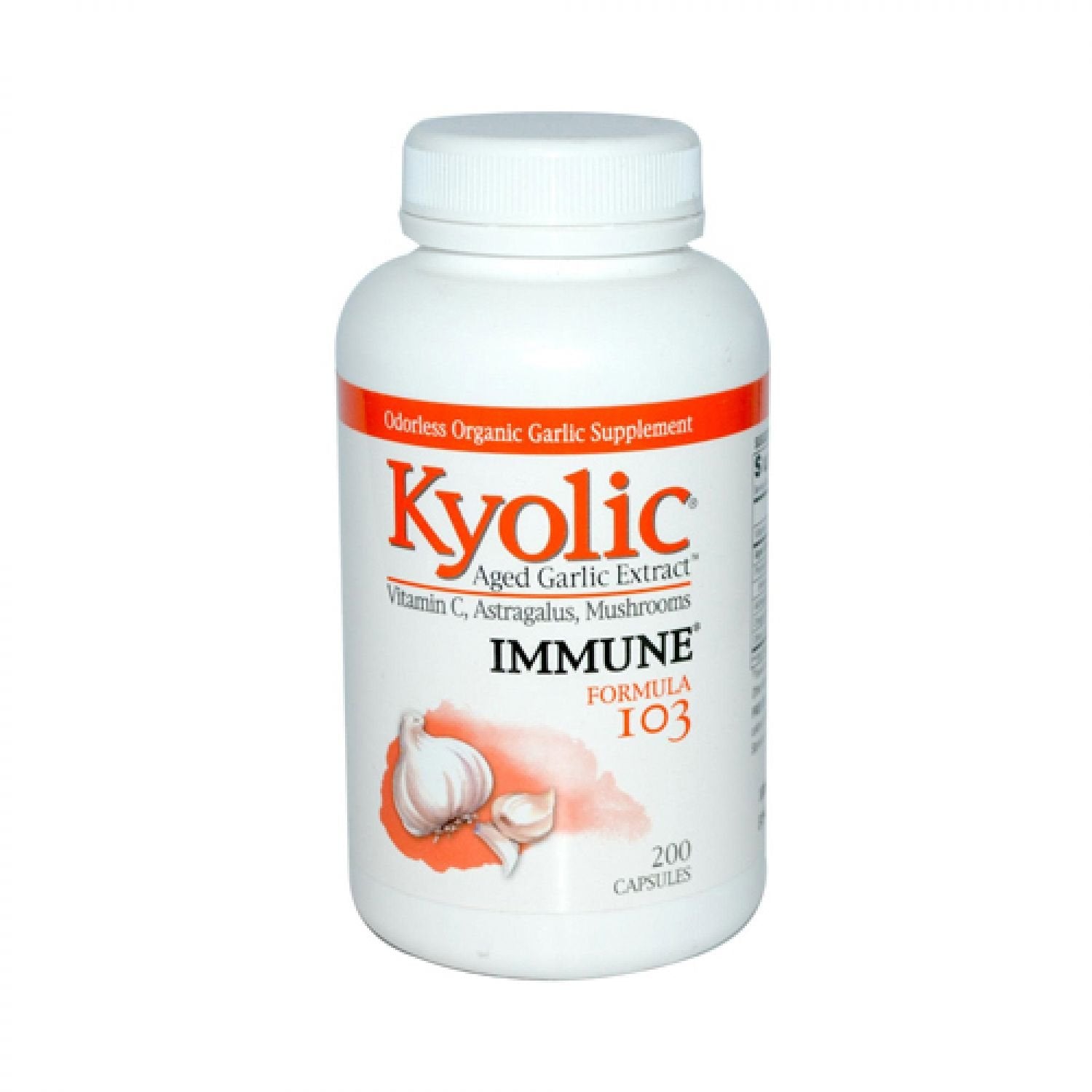Kyolic Frmla 103 cápsulas, envase del suplemento, apoyo diario con ajo orgánico.