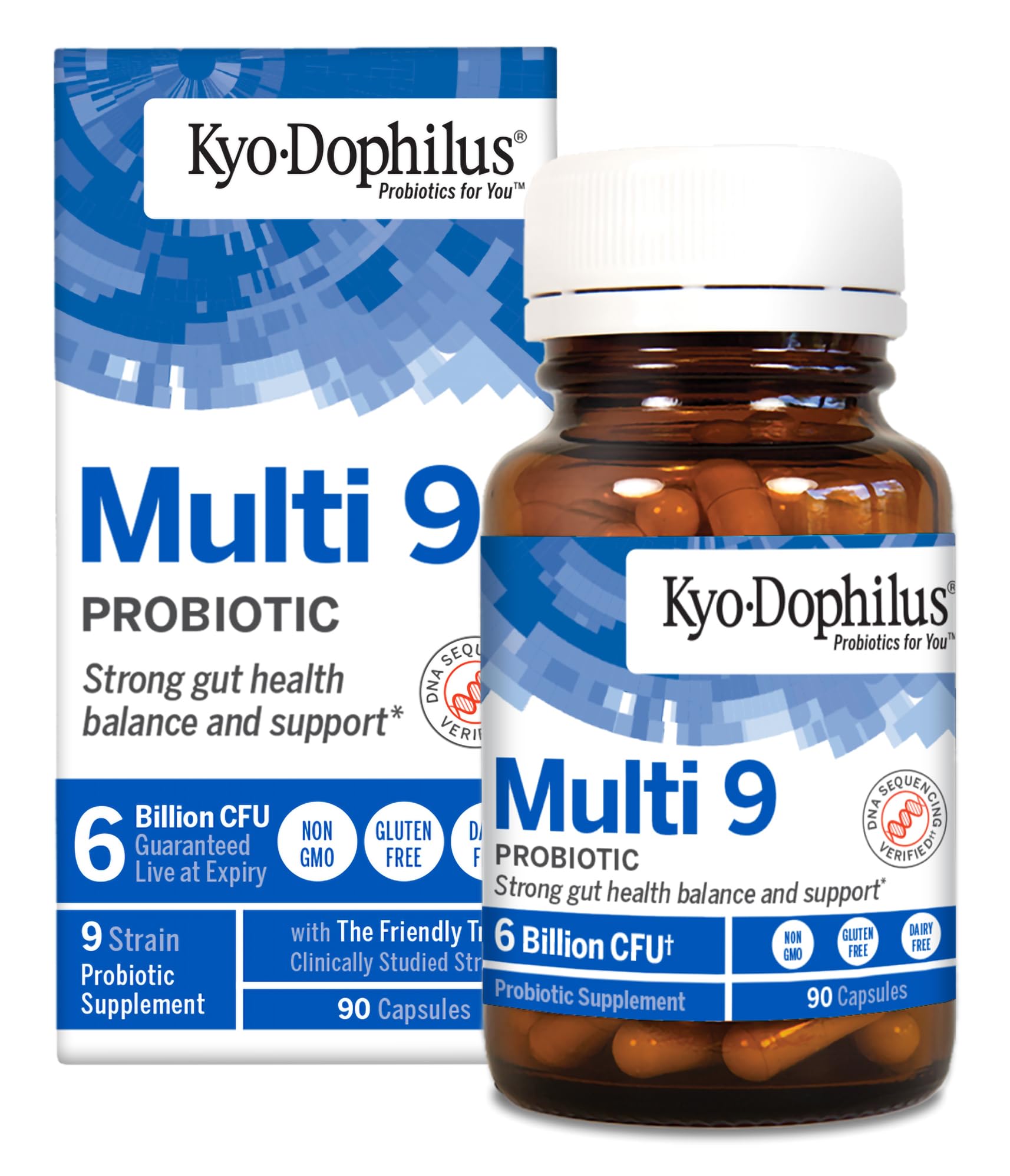 Kyolic Kyo-Dophilus Multi 9 Probiotic: bote con cápsulas para apoyo digestivo diario.